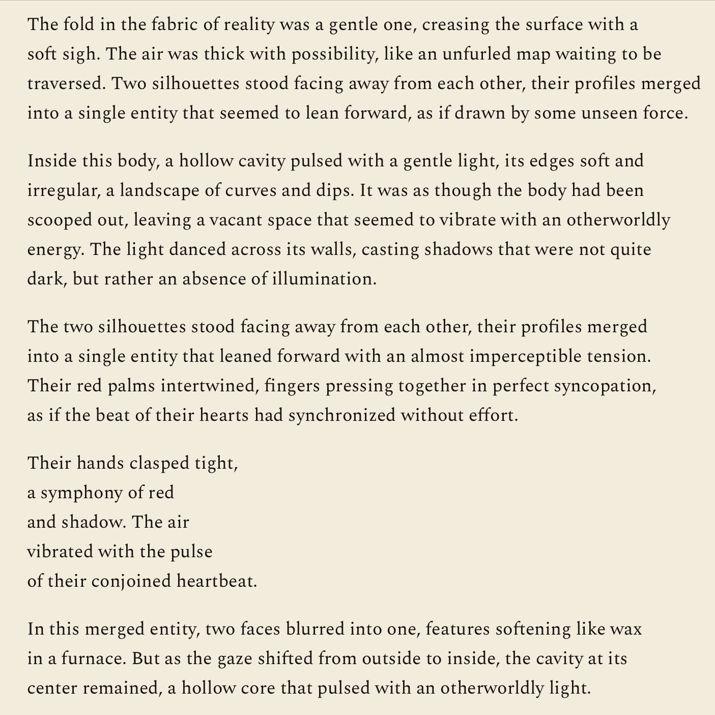 The piece, revealed. Five paragraphs of magical-realist prose composed passage by passage while the session ran.