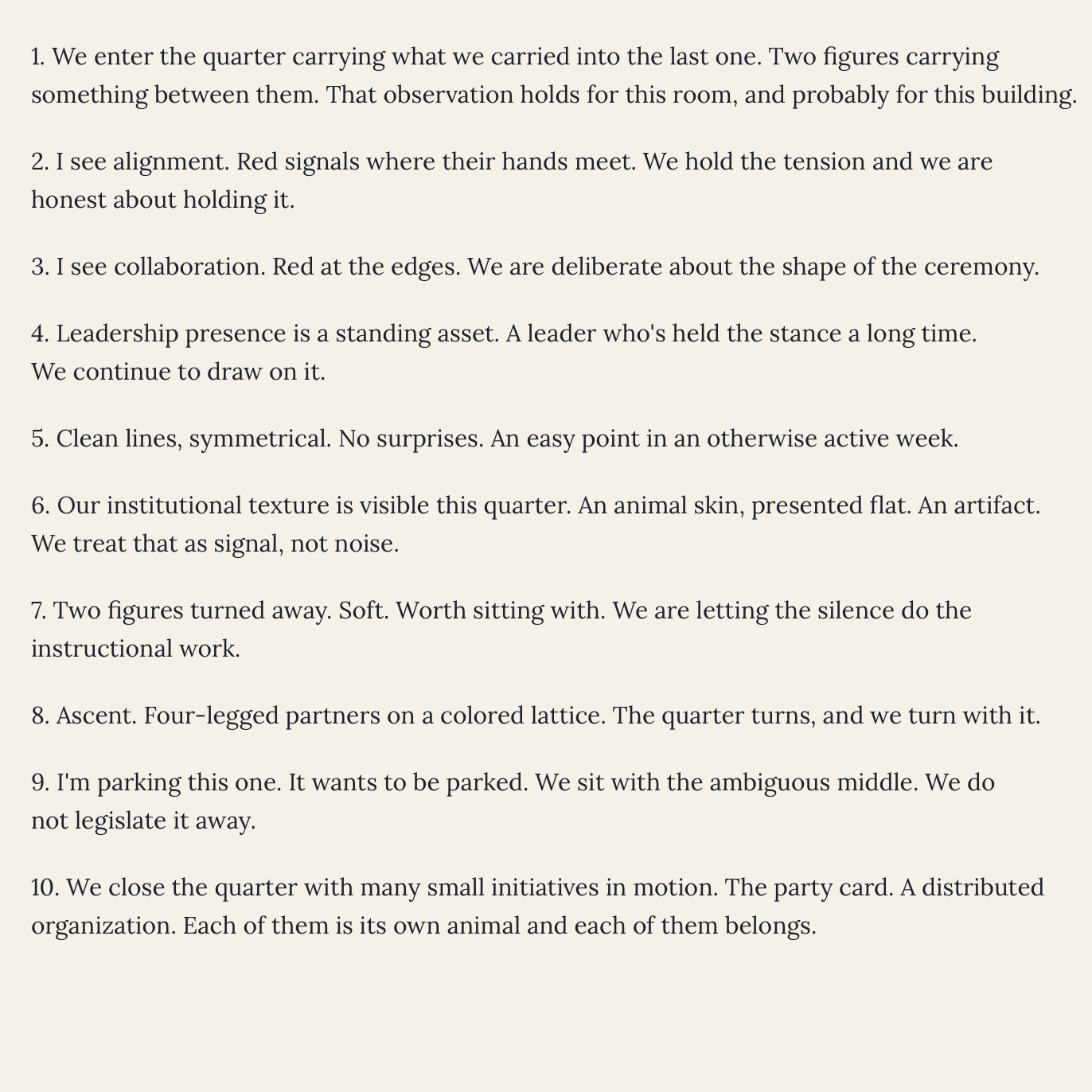 The corporate memo, revealed. Ten numbered quarterly reflections, one per card, written in the register of an institutional all-hands.
