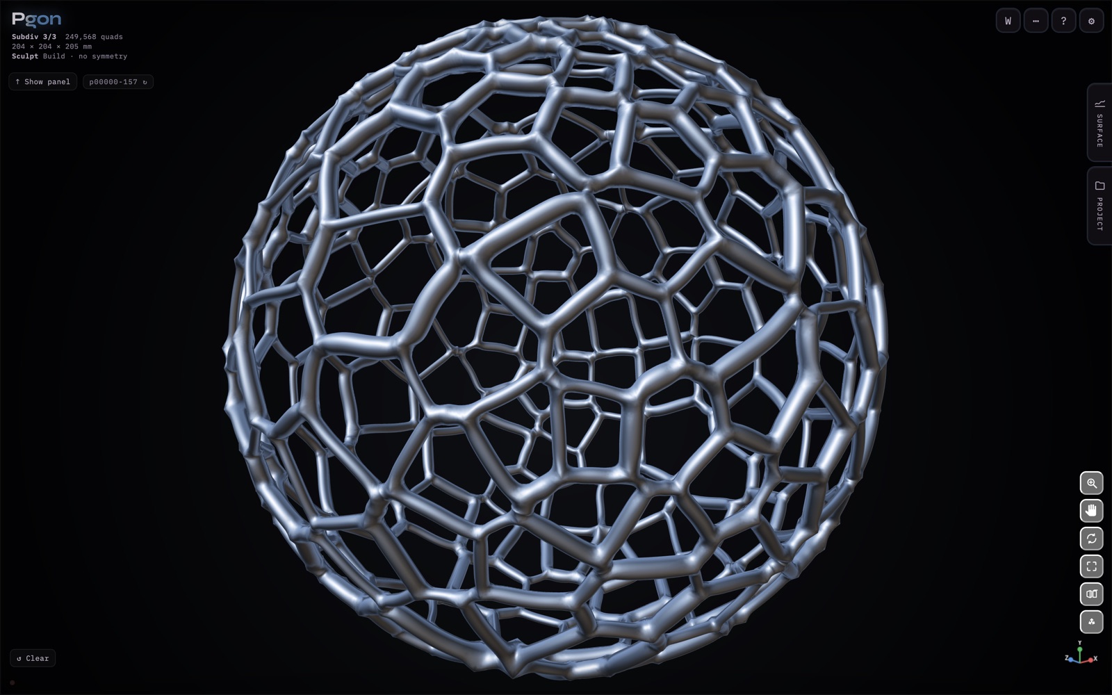 Pgon&nbsp;- a sphere turned into a lattice of smooth tubes following the boundaries between Voronoi cells, joints rounded, seen against black