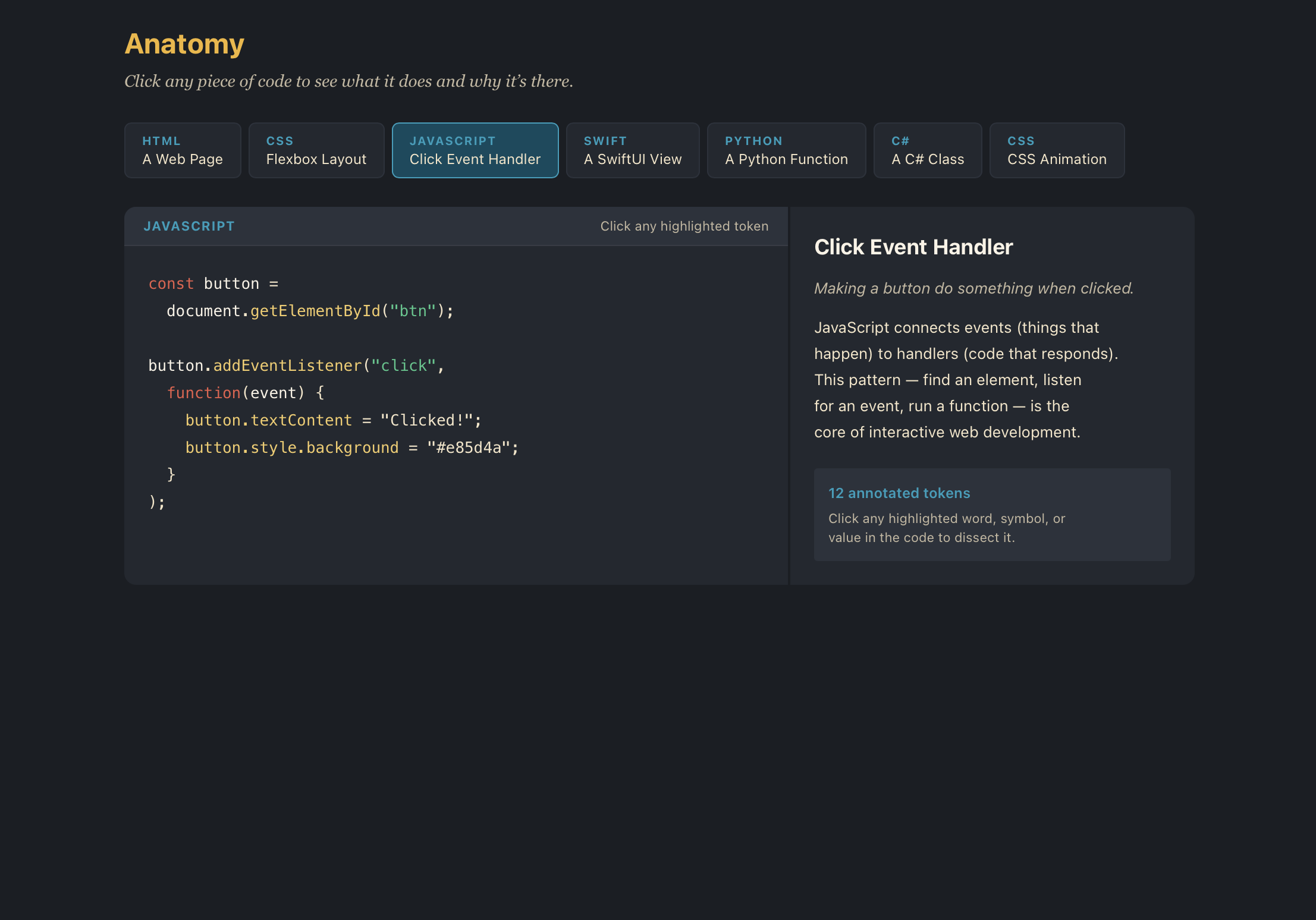 Anatomy mode — click-to-annotate code dissection