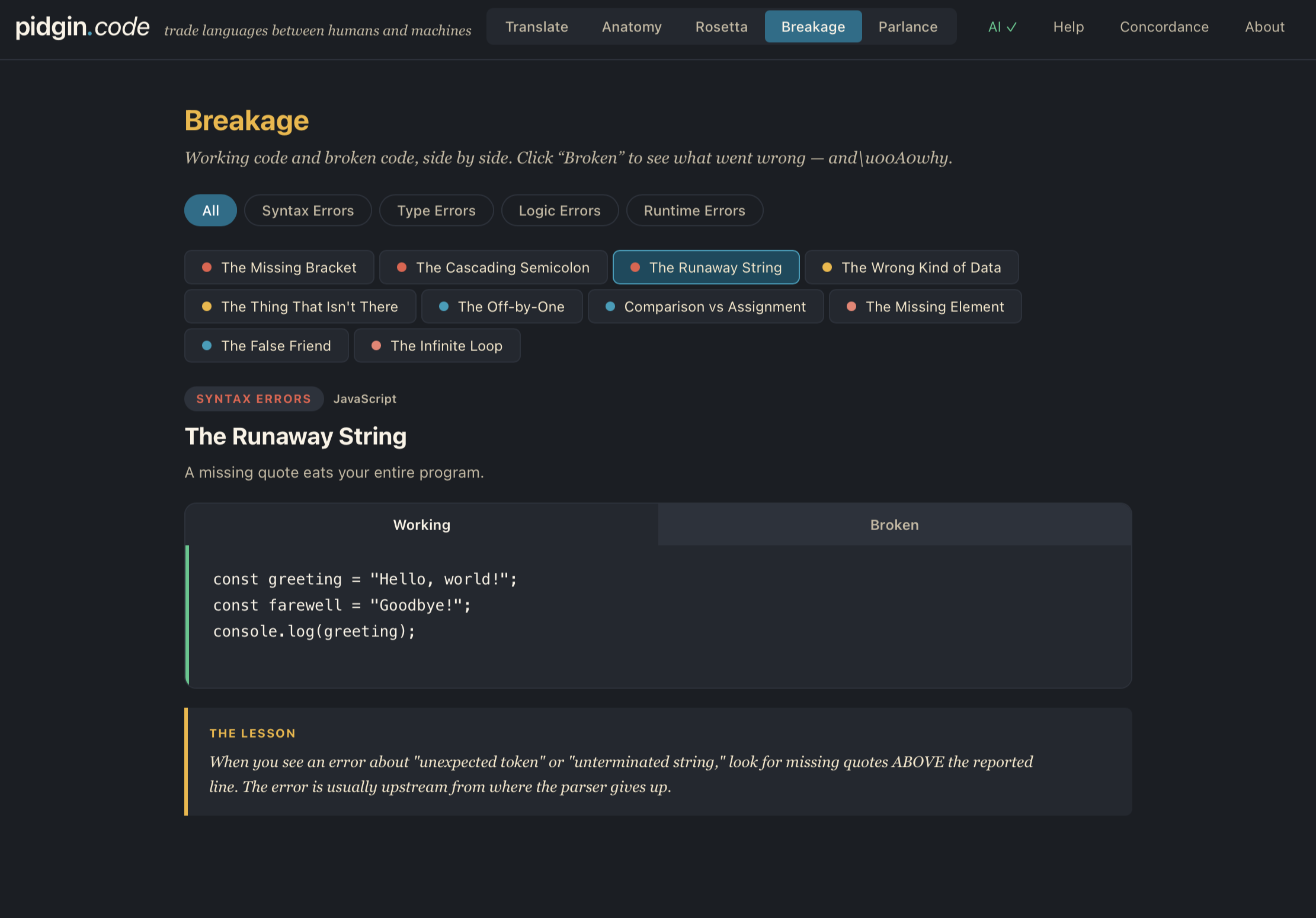 Breakage mode — working and broken code side by side