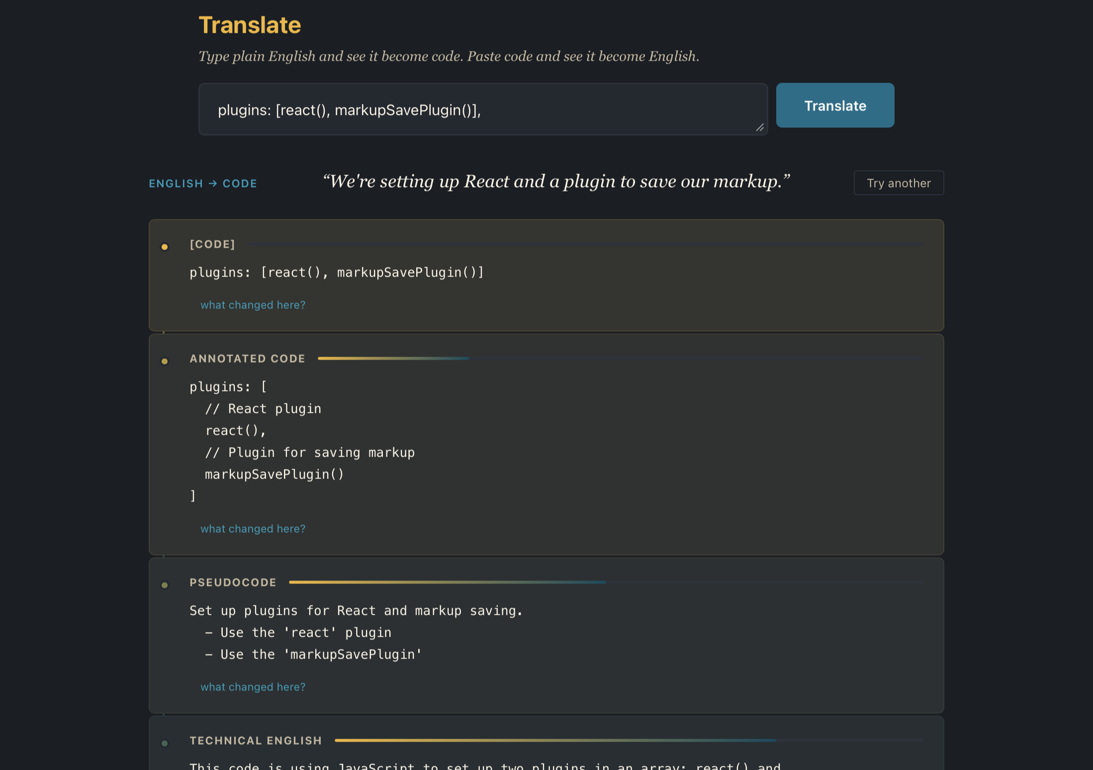 pidgin.code Translate mode — decoding a plugin config into plain English