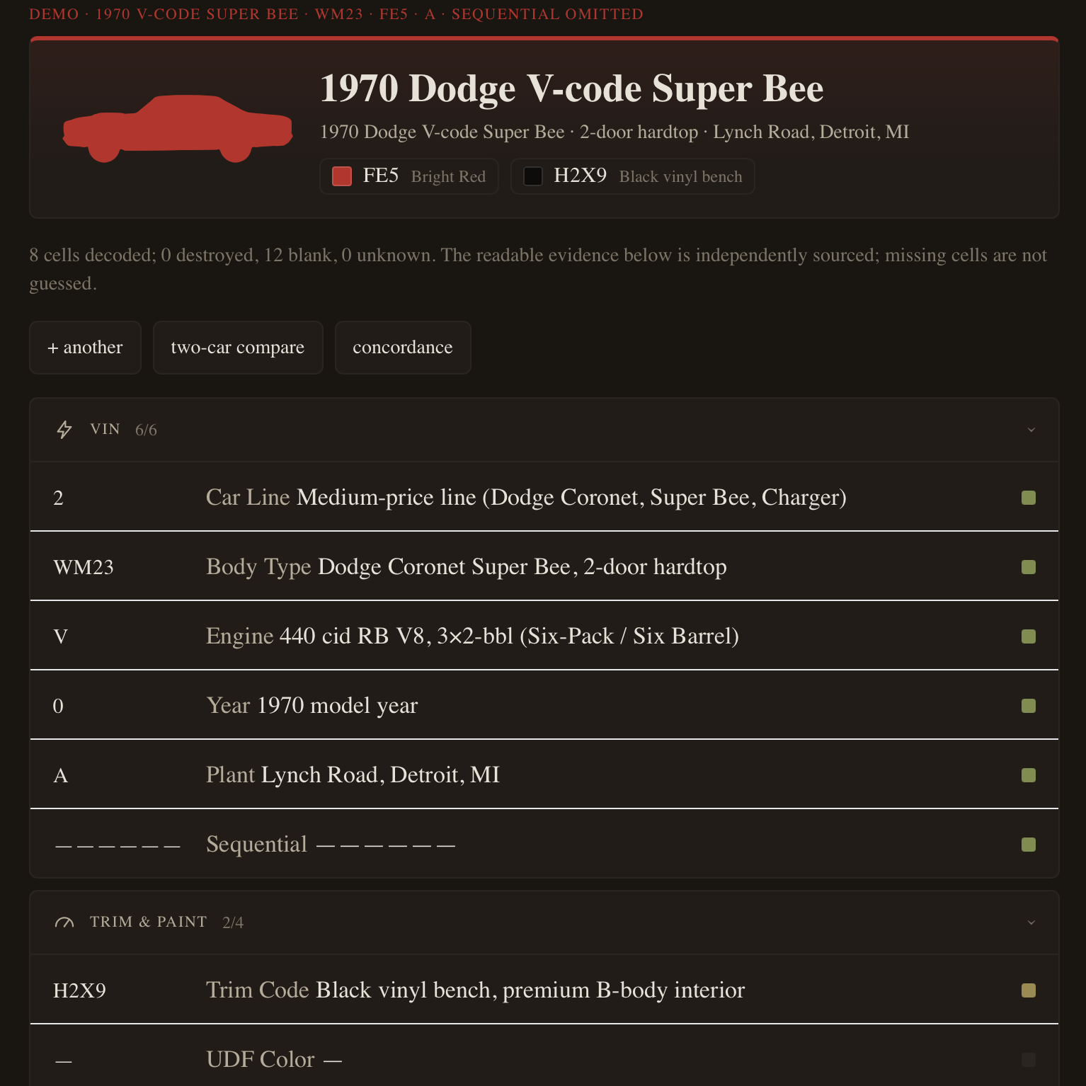 A decoded 1970 V-code Super Bee — VIN row, engine, paint, trim, plant, all surfaced with their codes and meanings.