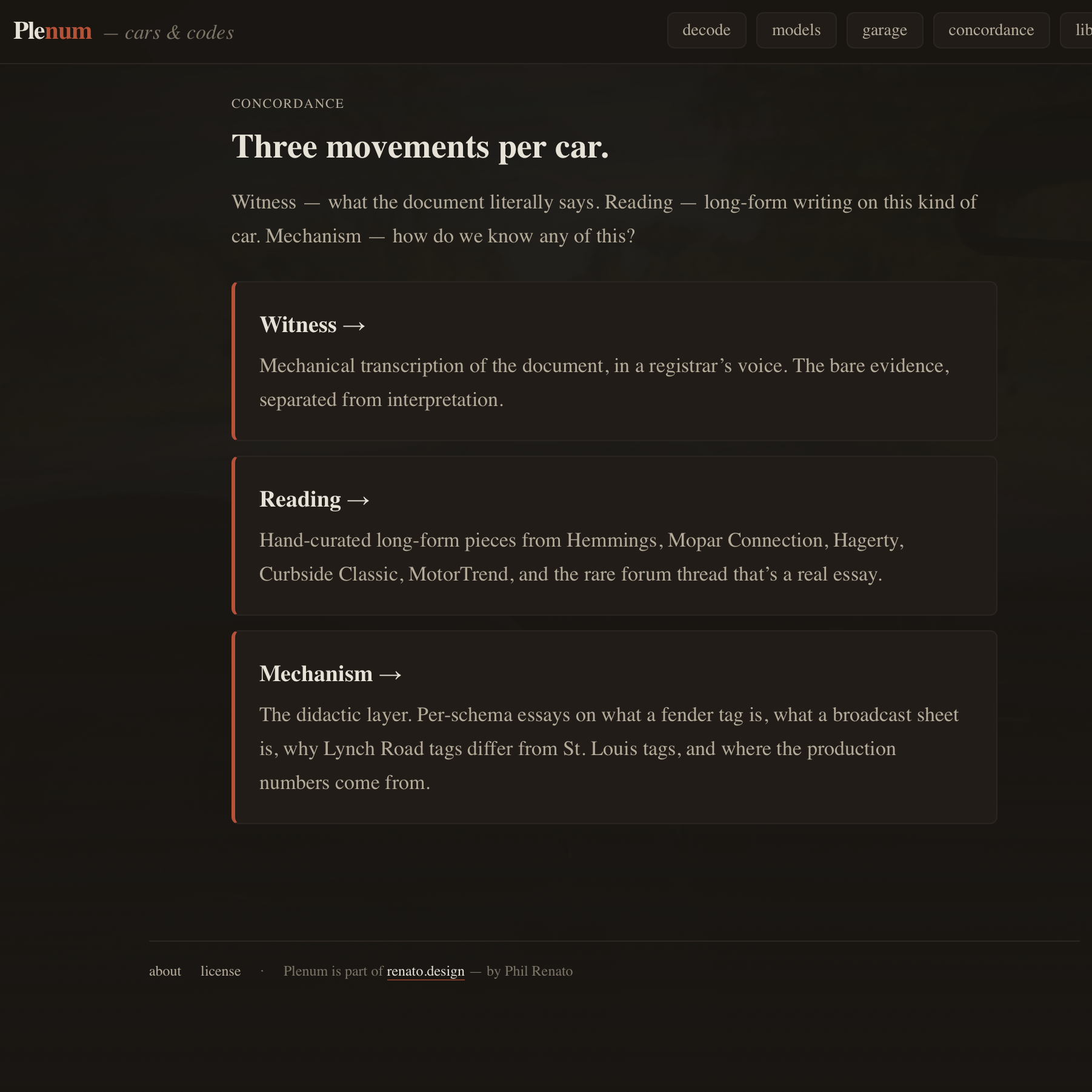 Plenum's concordance: three movements per car — Witness, Reading, Mechanism.