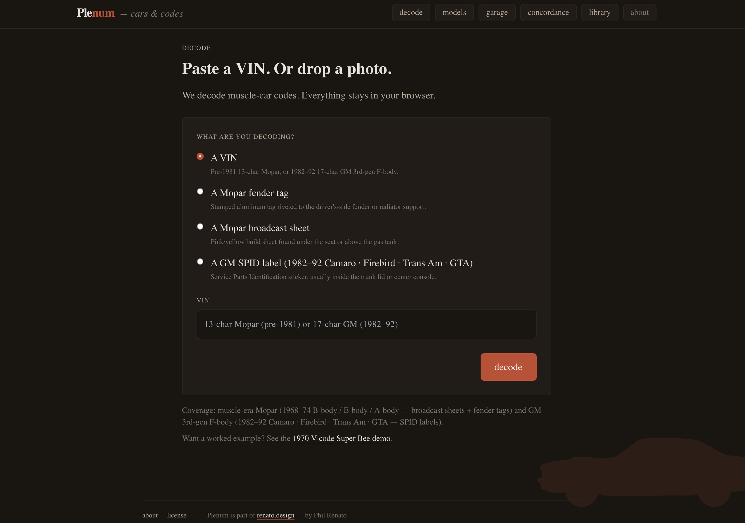 The Plenum decode form: paste a VIN or pick a document type — VIN, Mopar fender tag, Mopar broadcast sheet, GM SPID label.