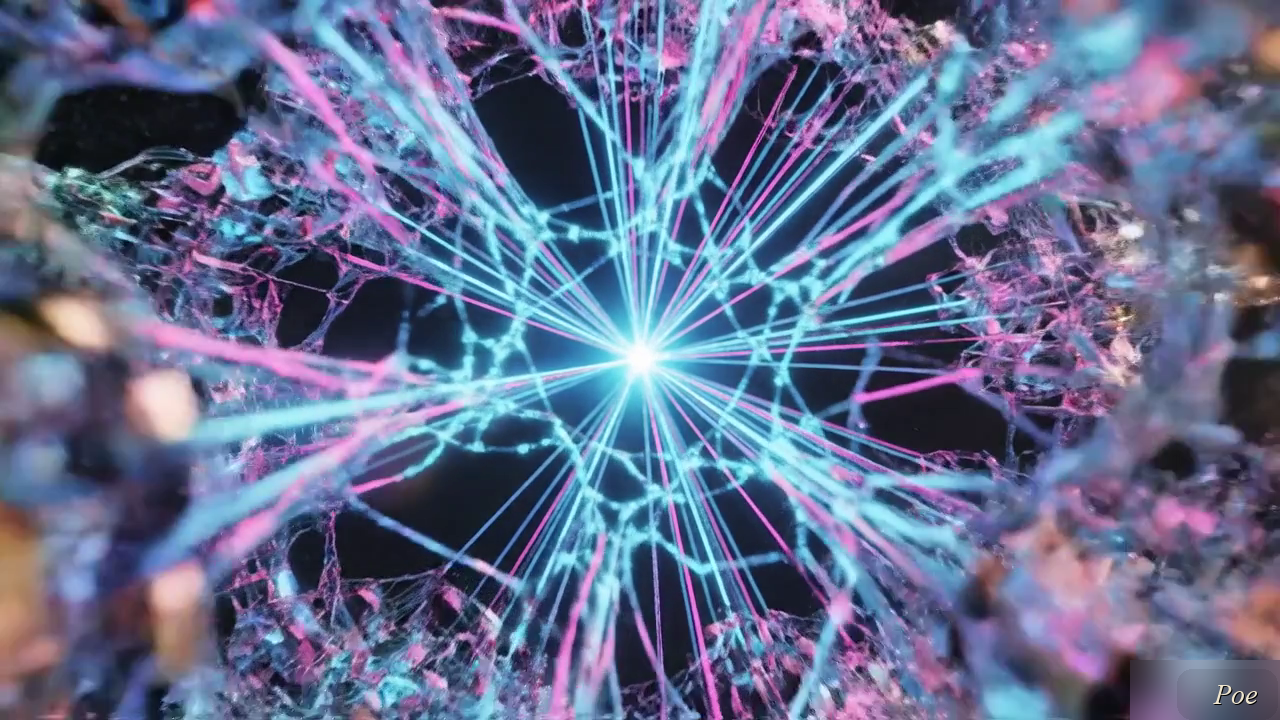 Poe — neural-synapse hero image, pink and blue glowing data lattice, rendered in the standard frontier-AI marketing register