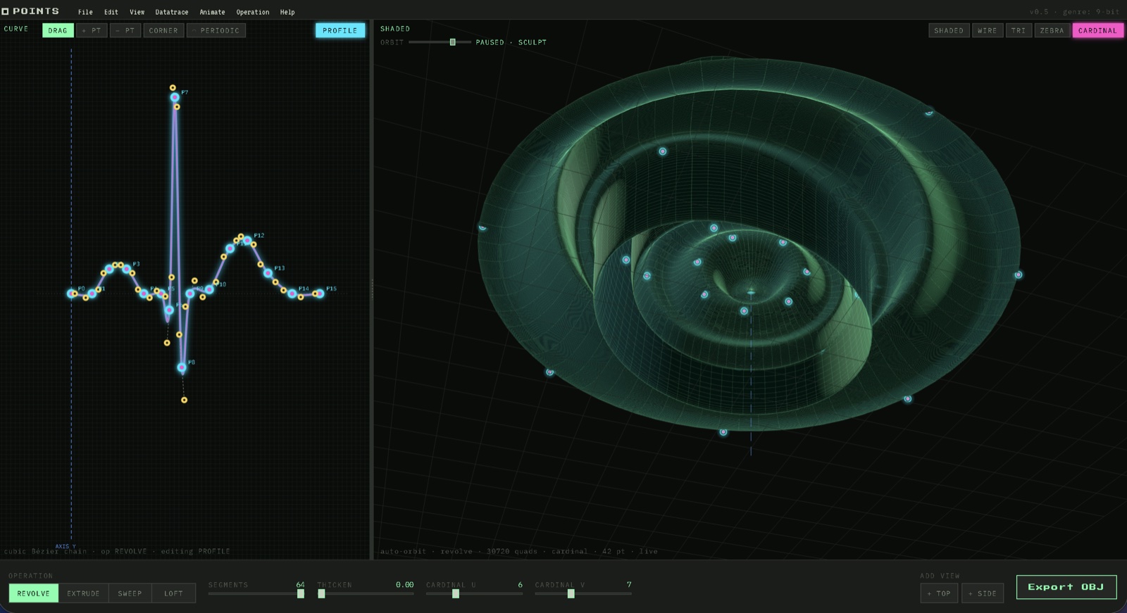 Full app view — EKG datatrace loaded on the left, revolved EKG on the right with cardinal-point grid visible on the surface