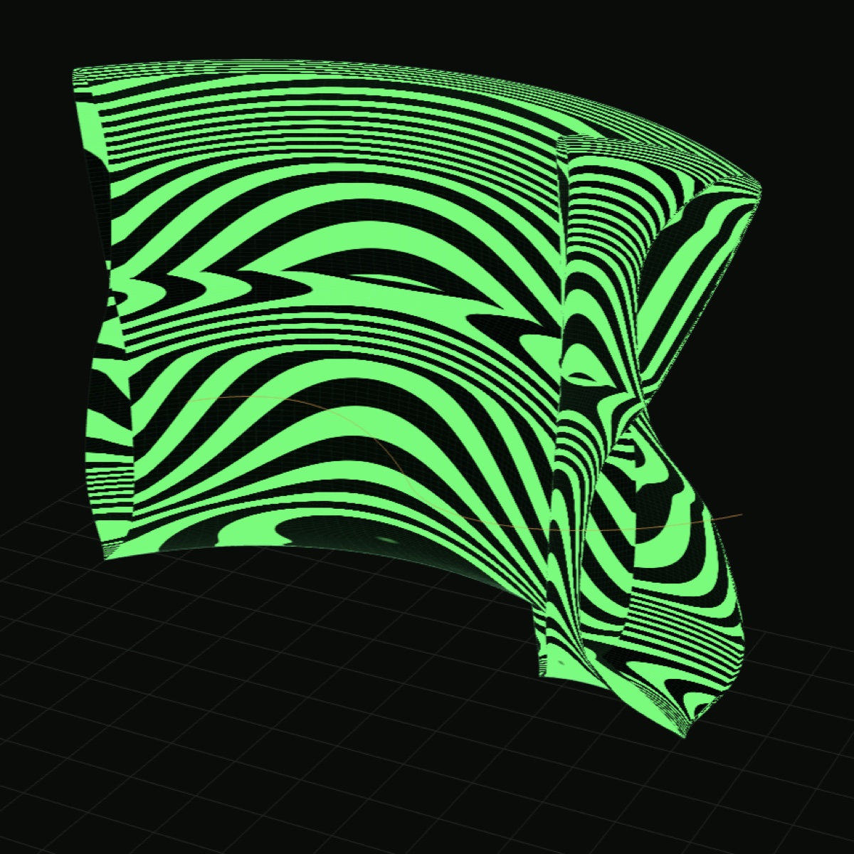 Zebra render mode on a deformed surface — diagonal phosphor-green stripes wrap around a bulge in the vase, the dark bands subtly tinted by surface facing so depth reads even inside the dark stripe