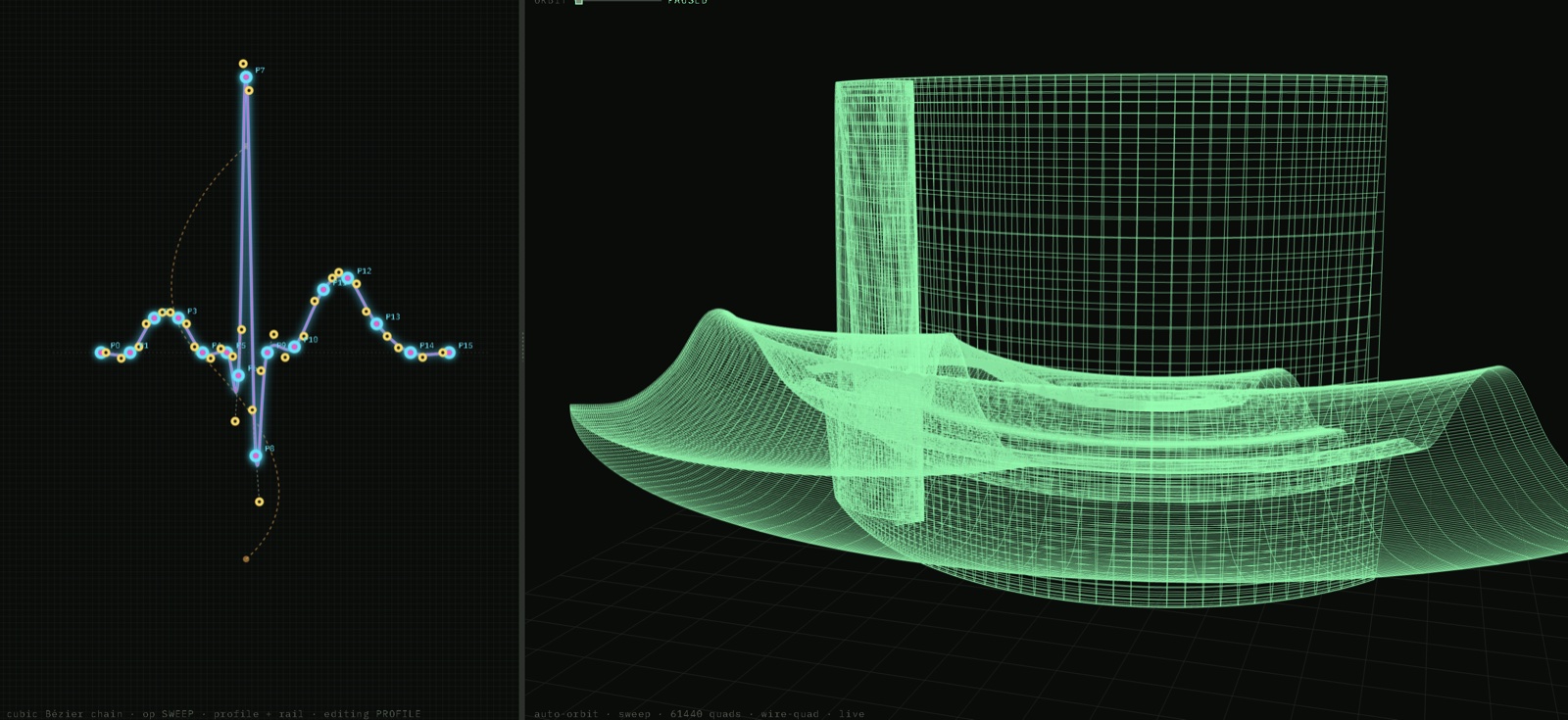 Wireframe render mode showing the underlying quad mesh of the same revolved EKG surface