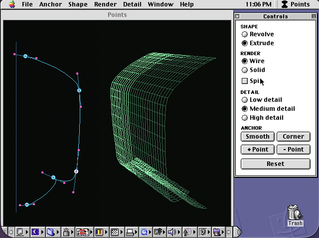 points running as a native Classic Mac OS application — a curve editor, a wireframe revolve, and a floating Controls palette with Revolve / Extrude radio buttons, drawn in Color QuickDraw
