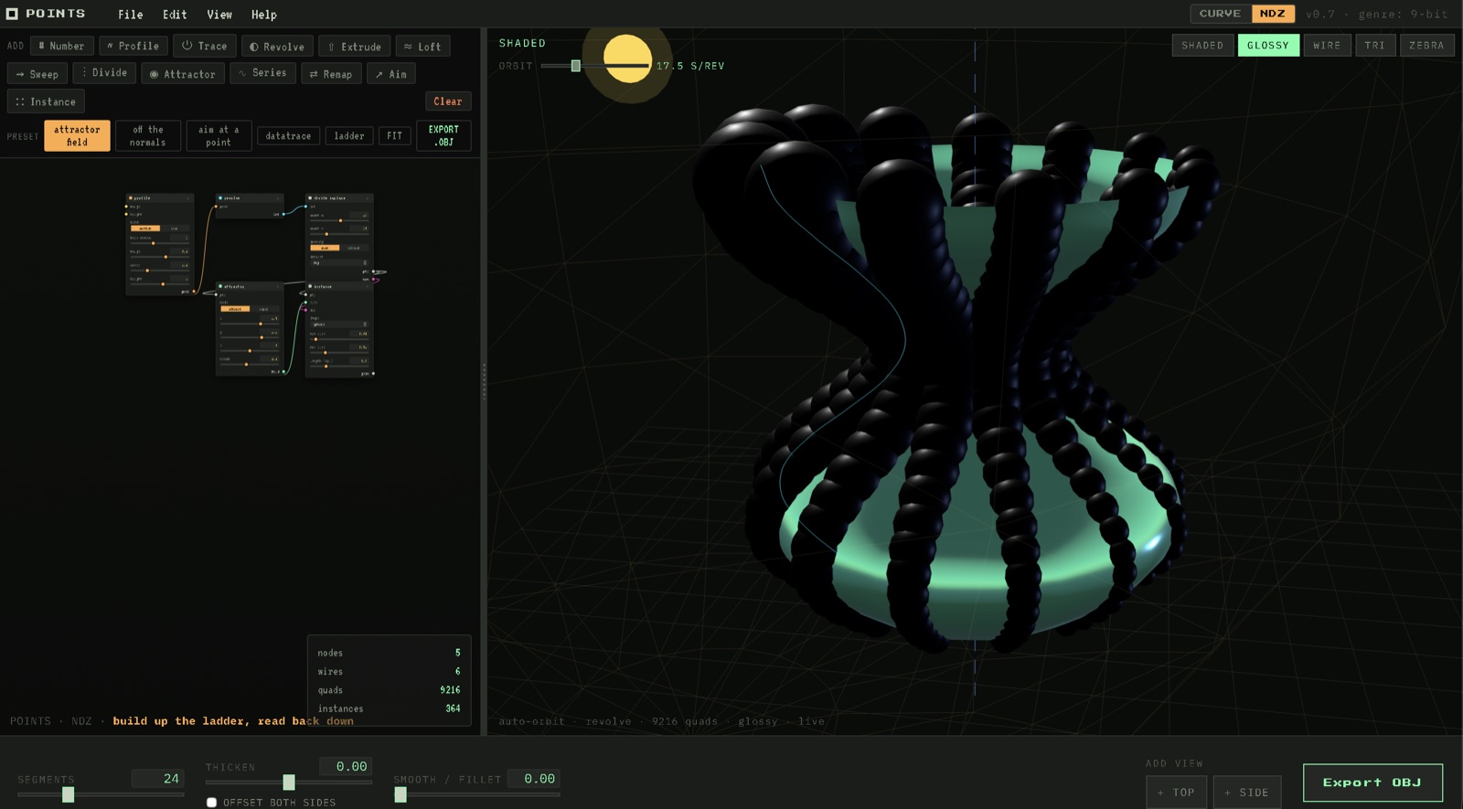 The NDZ node graph in Points — a chain of nodes (profile, revolve, divide surface, attractor, instance) on the left wired together, a stats readout showing 5 nodes, 6 wires, 9216 quads, 364 instances, and on the right a glossy revolved vase form with hundreds of black beaded shapes standing off its surface in columns, sized and placed by the attractor field