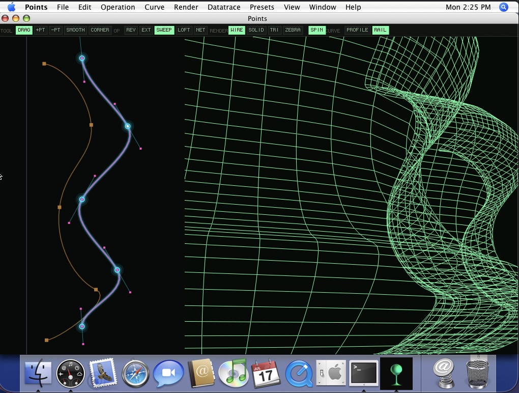 points running natively on Mac OS X Tiger on a PowerPC iBook — a curve editor on the left, a green-wireframe revolve surface in an OpenGL viewport on the right, with the Tiger Aqua menu bar and Dock visible