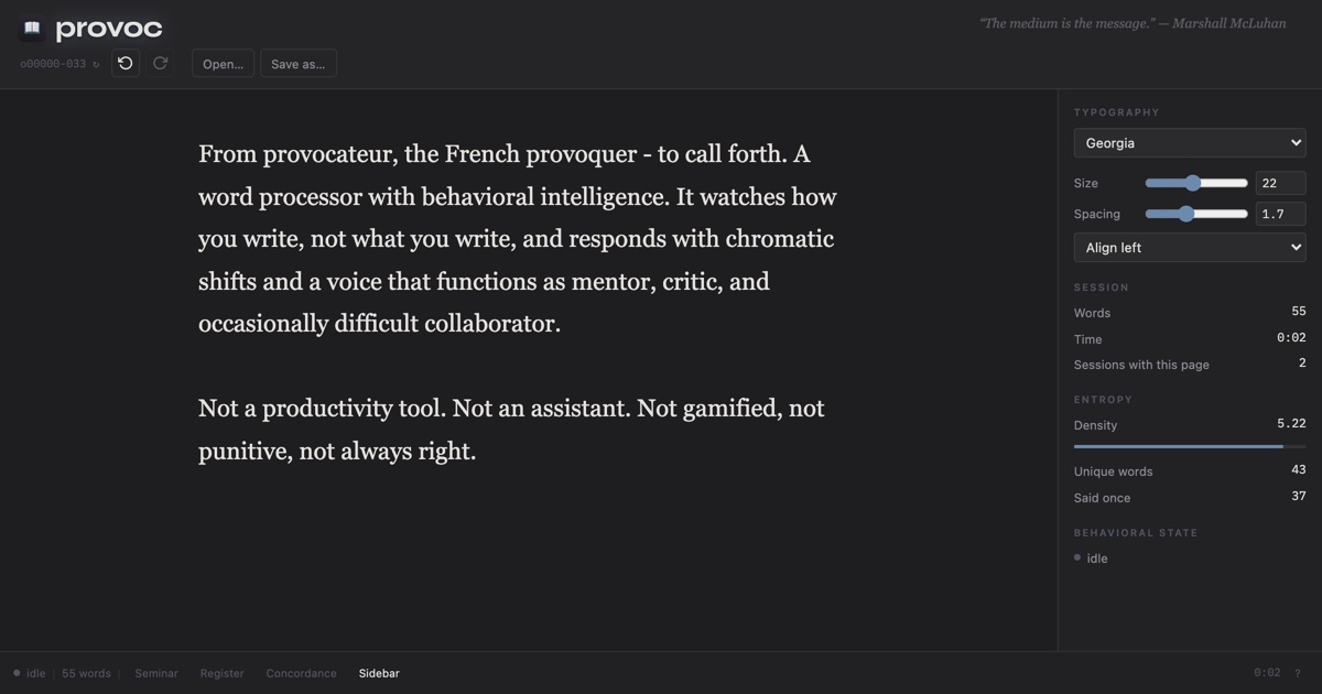 provoc in the browser: the writing surface, a quotation in the commentary strip, and the typography, session and entropy sidebar