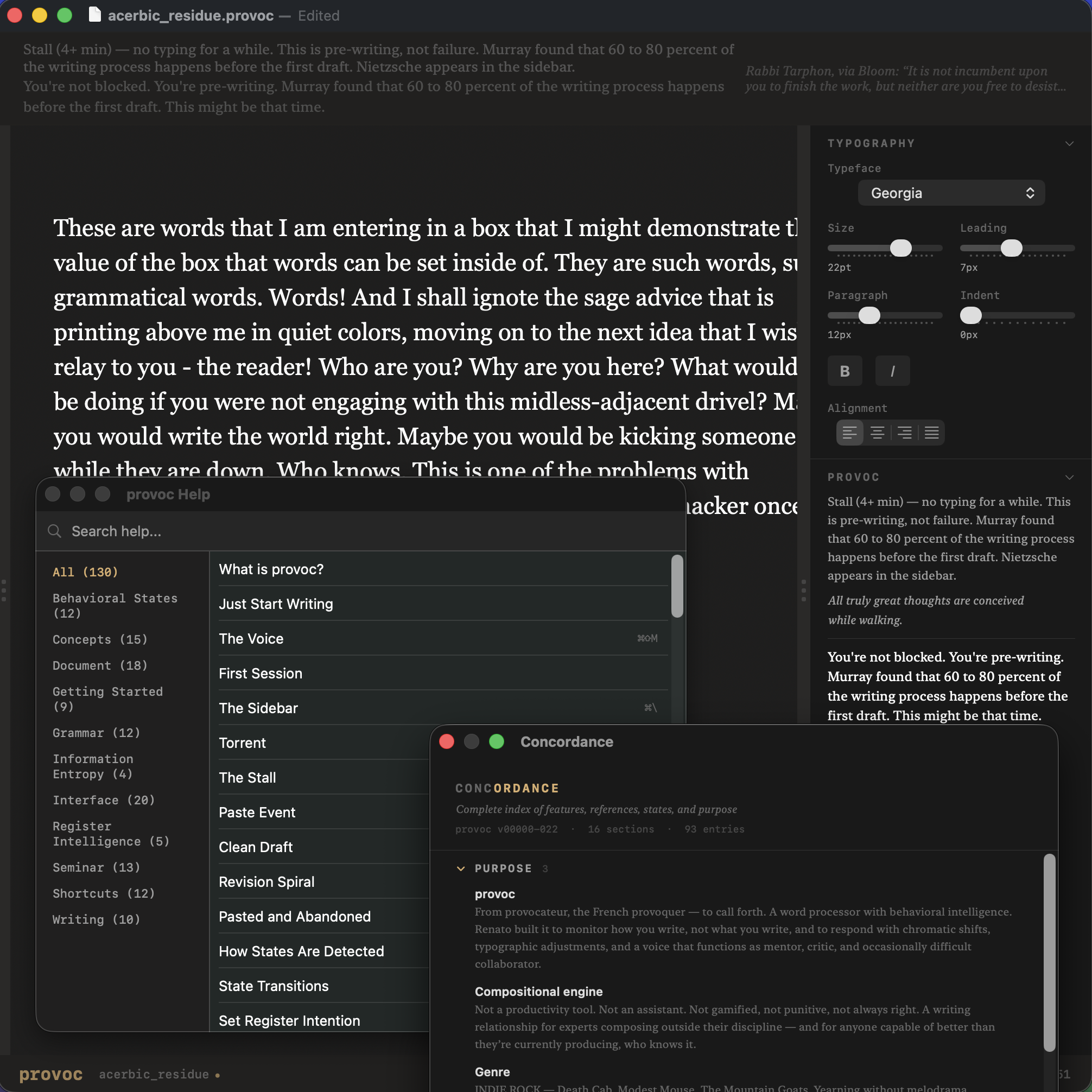 provoc full workspace showing writing surface, Help panel, Concordance, and typography drawer