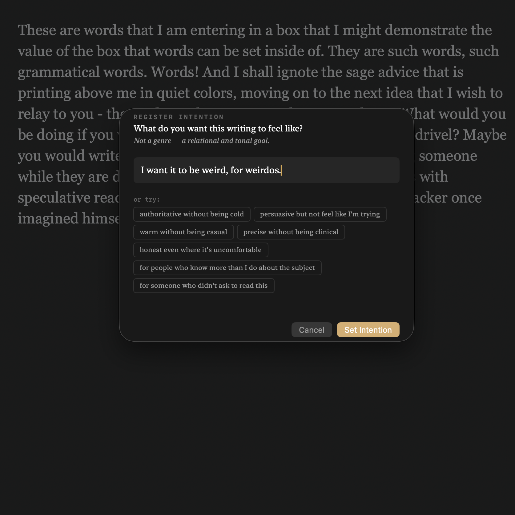 Register Intention dialog with custom input and suggestion chips for communicative goals