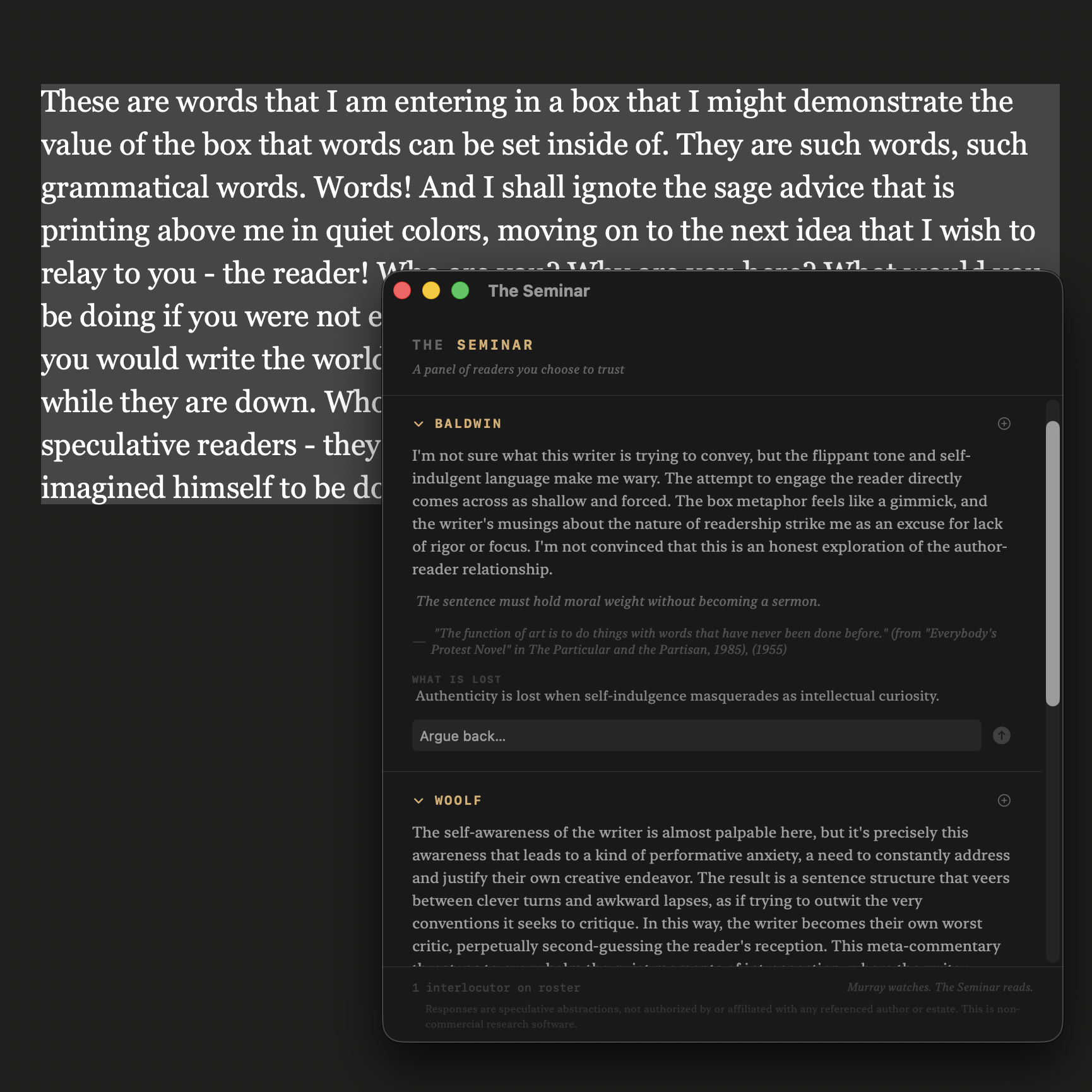 The Seminar panel overlaid on writing surface with Baldwin and Woolf responding to highlighted text