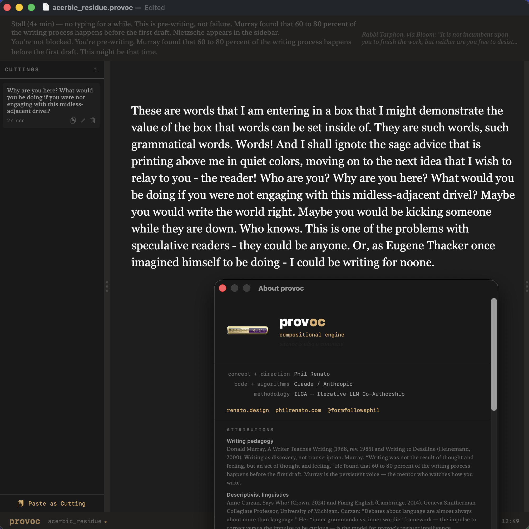 provoc workspace showing Cuttings drawer, About panel with attributions, and behavioral commentary strip