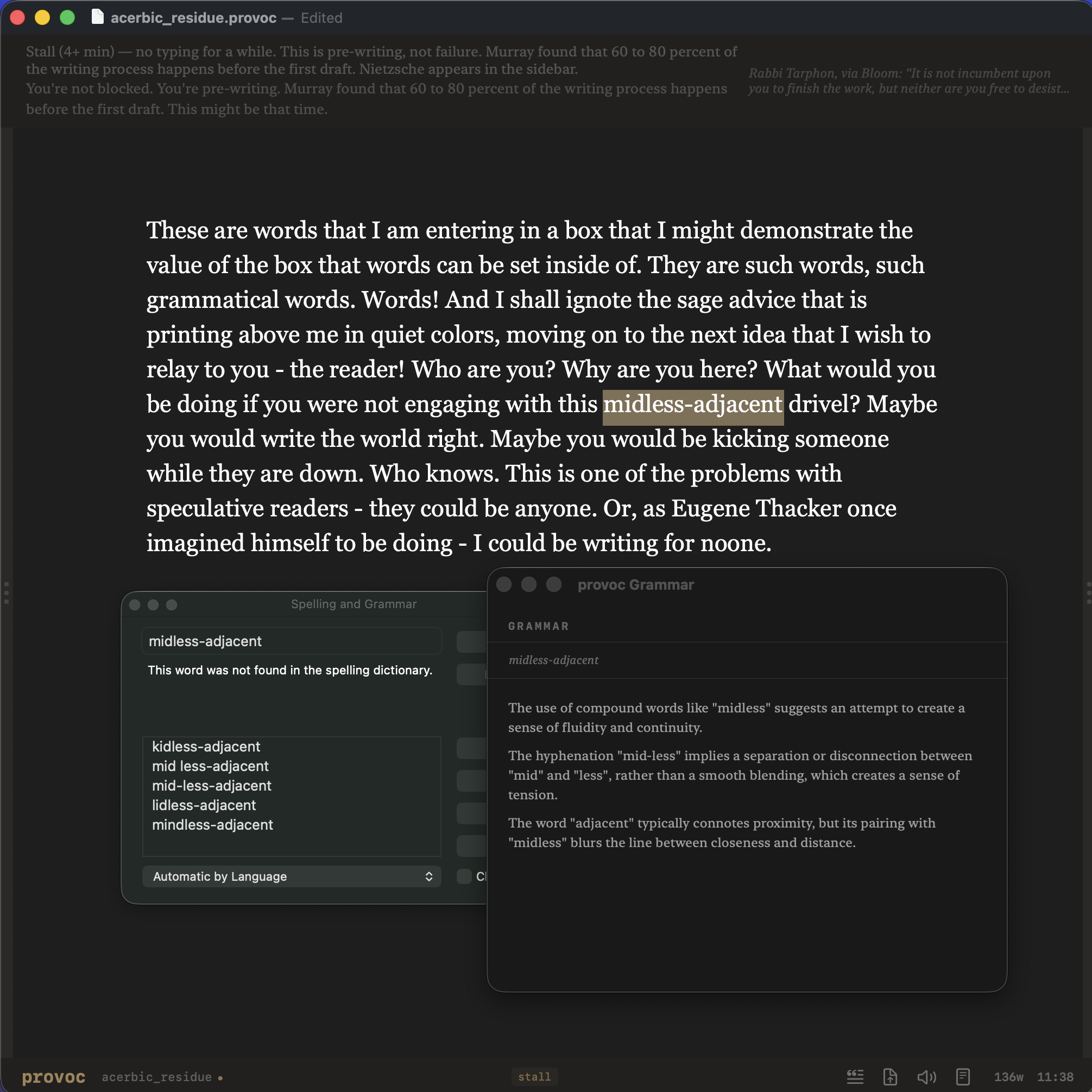 Grammar engine showing rhetoric-informed analysis alongside standard spelling suggestions