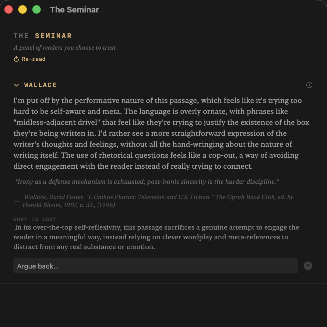 The Seminar panel showing Wallace's four-part response: reaction, principle, citation, and What Is Lost