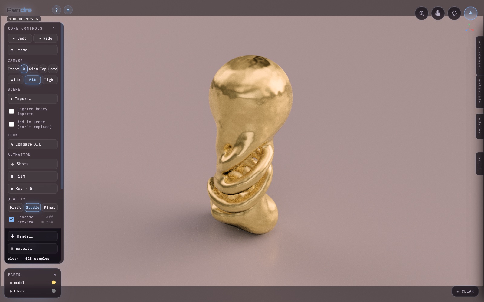 Rendre — a gold form with a directional anisotropic brushed-metal highlight streaking across it