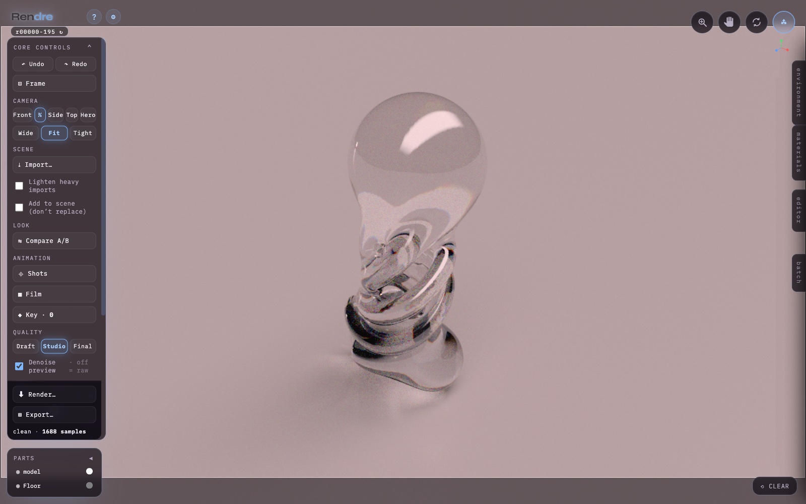 Rendre — a clear glass form with real chromatic dispersion, colored fire fringing the highlight