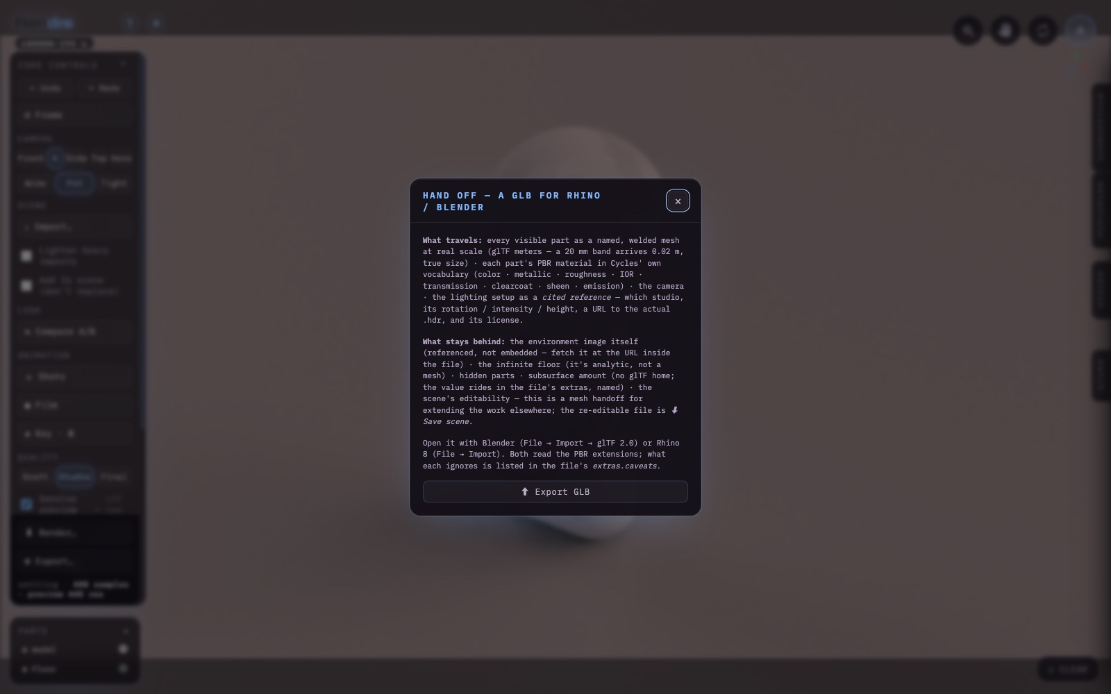 Rendre — the Hand off dialog explaining exactly what travels and what stays behind in a GLB export to Rhino or Blender