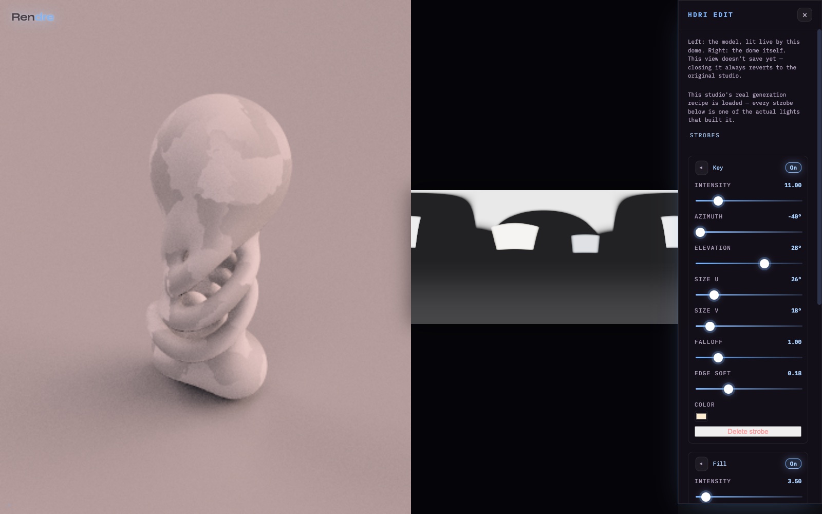 Rendre — the HDRI editor's split view: the live viewport relighting on the left, the dome's own light recipe open on the right with named Key and Fill strobes and their real sliders