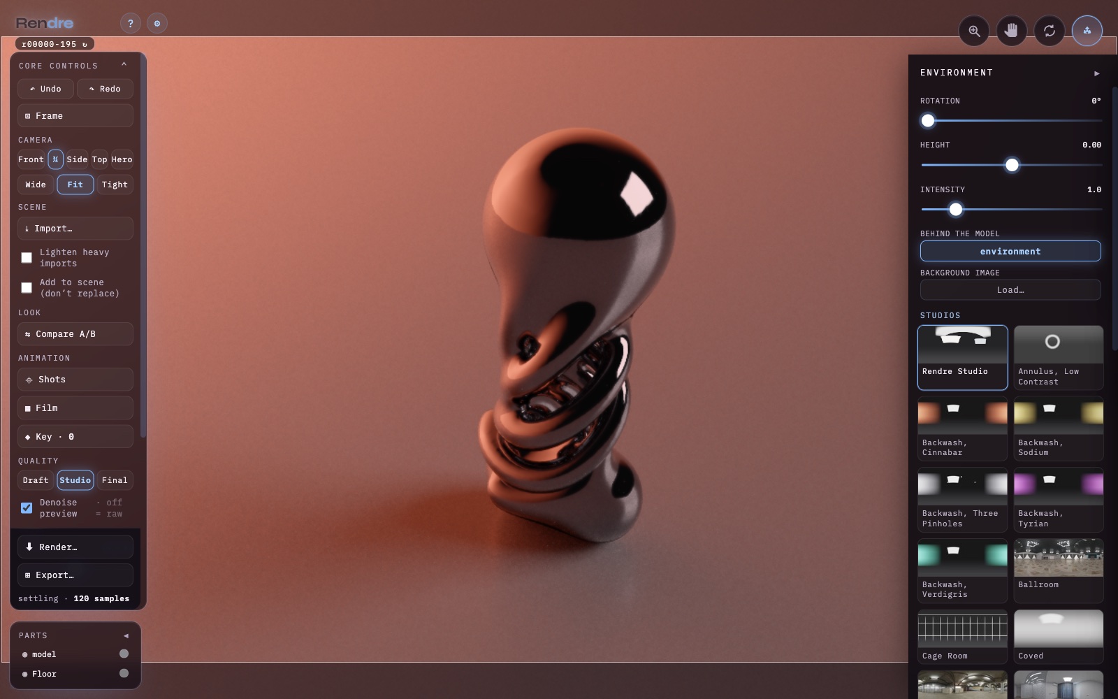 Rendre — a chrome form relighting under a warm backwash studio, the Environment drawer open with 33 studio thumbnails