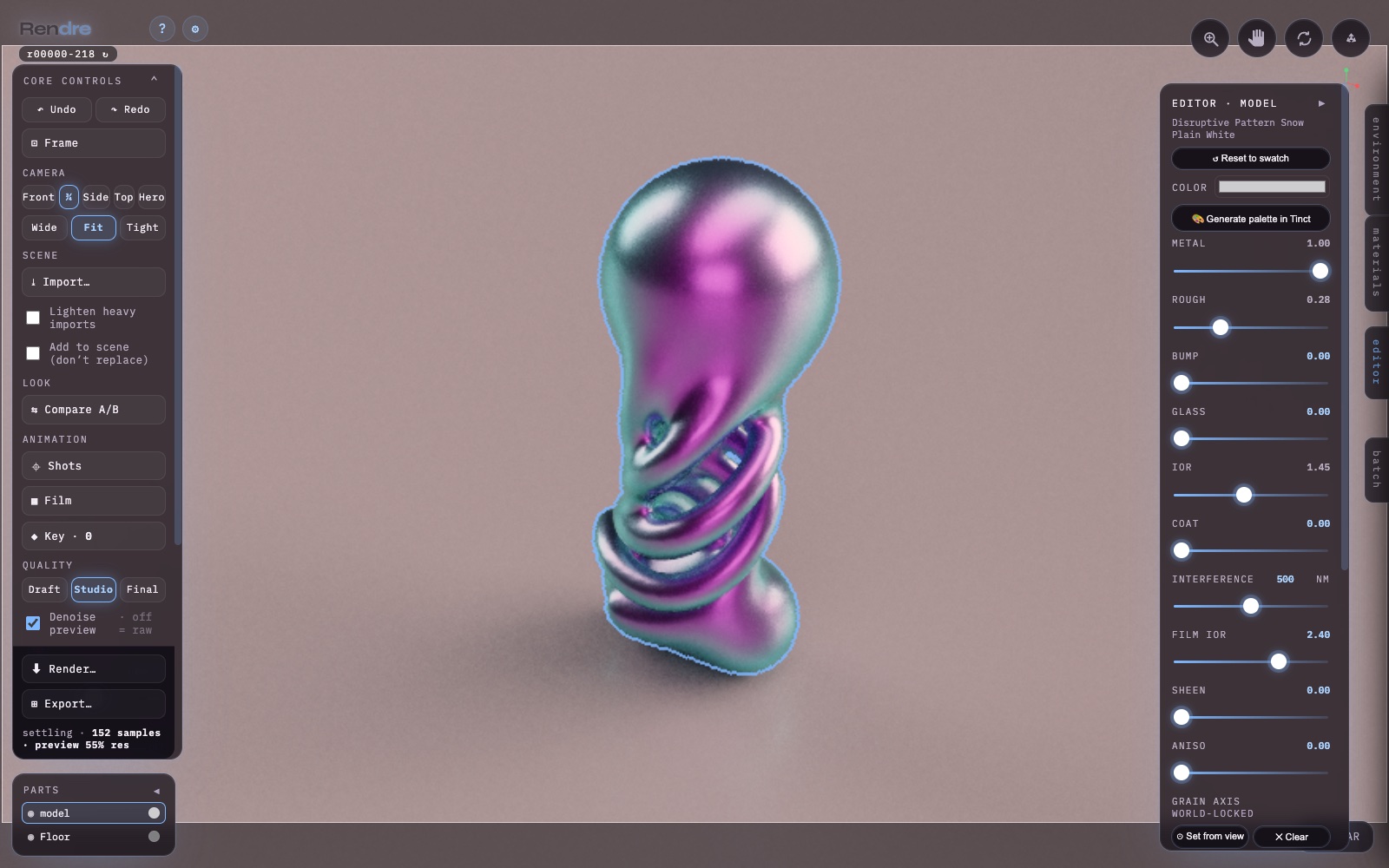 Rendre — a metal form with an iridescent thin-film coating, rainbow interference color shifting across its surface like an oil slick or anodized titanium