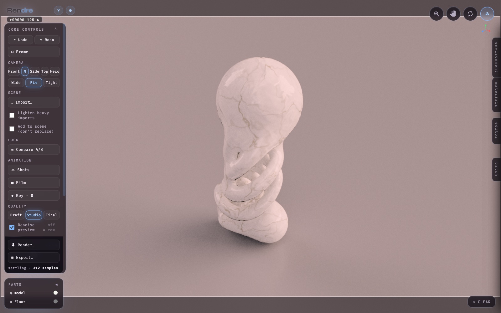 Rendre — a white form veined like Calacatta marble, computed procedurally with no visible seams