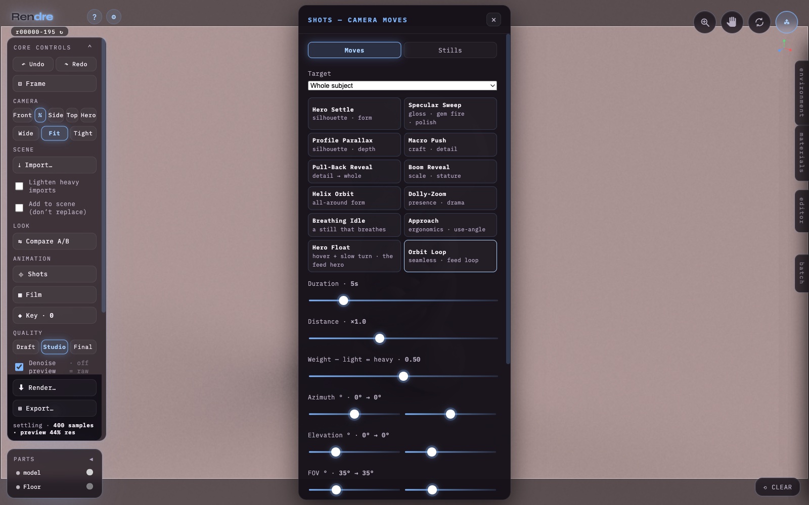 Rendre — the Shots dialog listing camera moves: Hero Settle, Specular Sweep, Helix Orbit, Dolly-Zoom and more, with Duration and Distance sliders