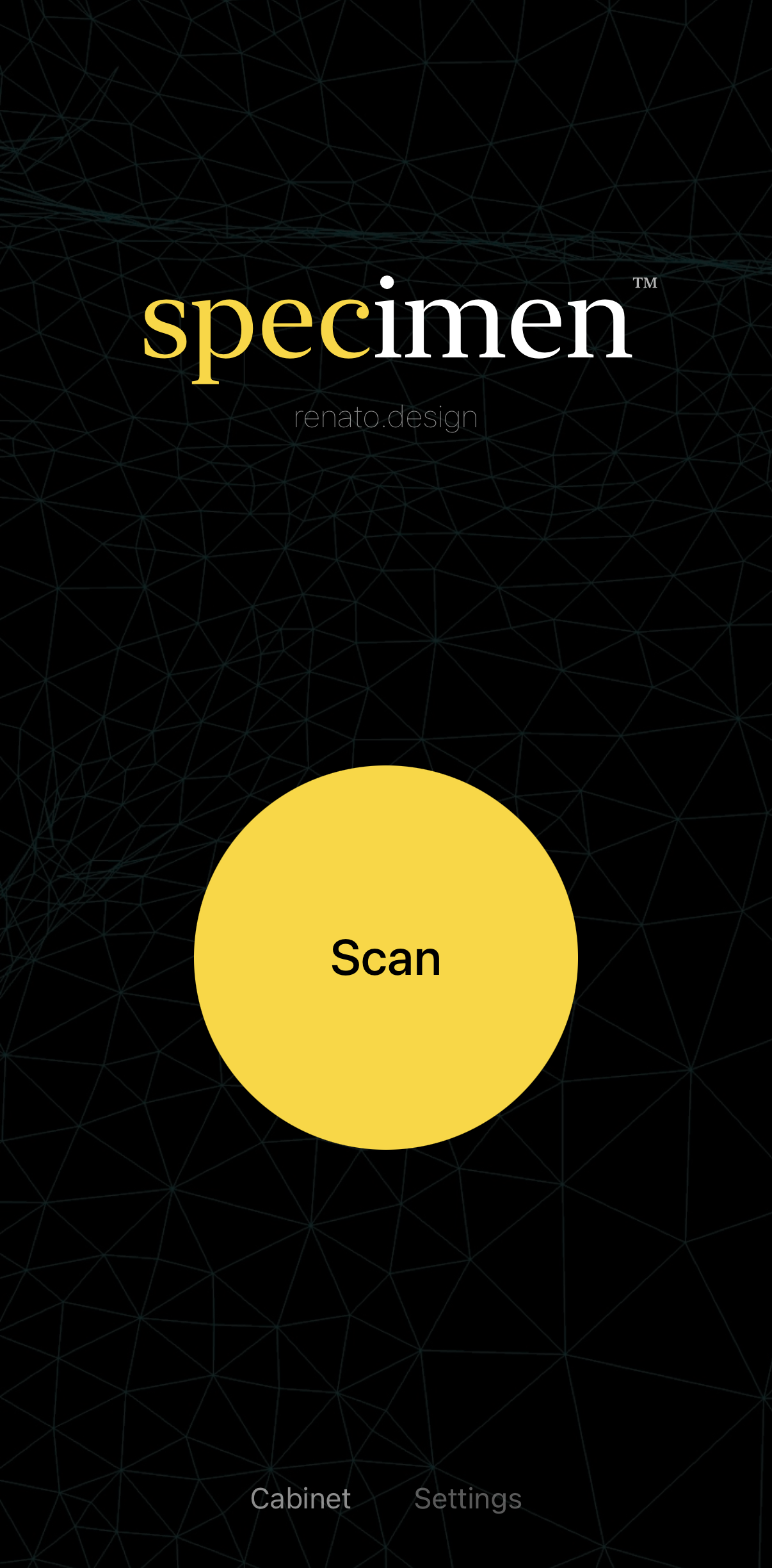 specimen launch screen on iPhone — wireframe sphere behind the wordmark and a yellow Scan button