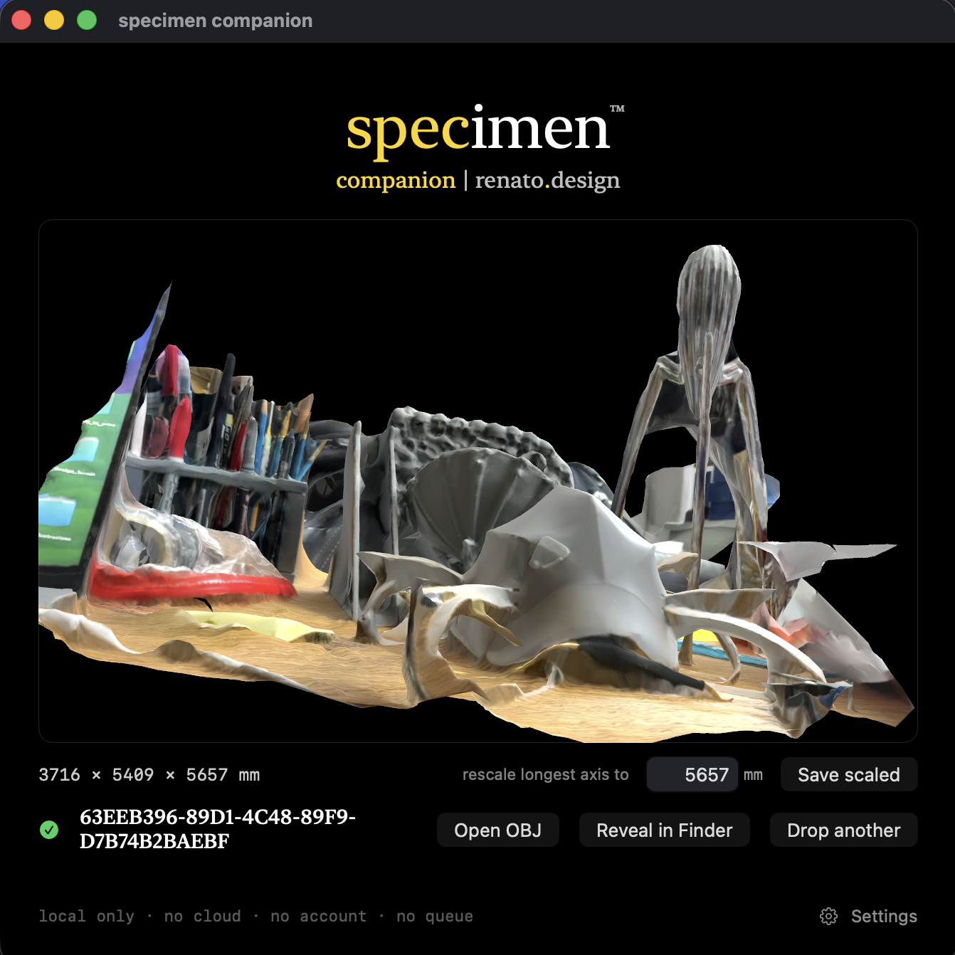 specimen Companion on Mac — inline preview of a reconstructed mesh with dimensions readout, rescale input, and Open OBJ / Reveal in Finder controls