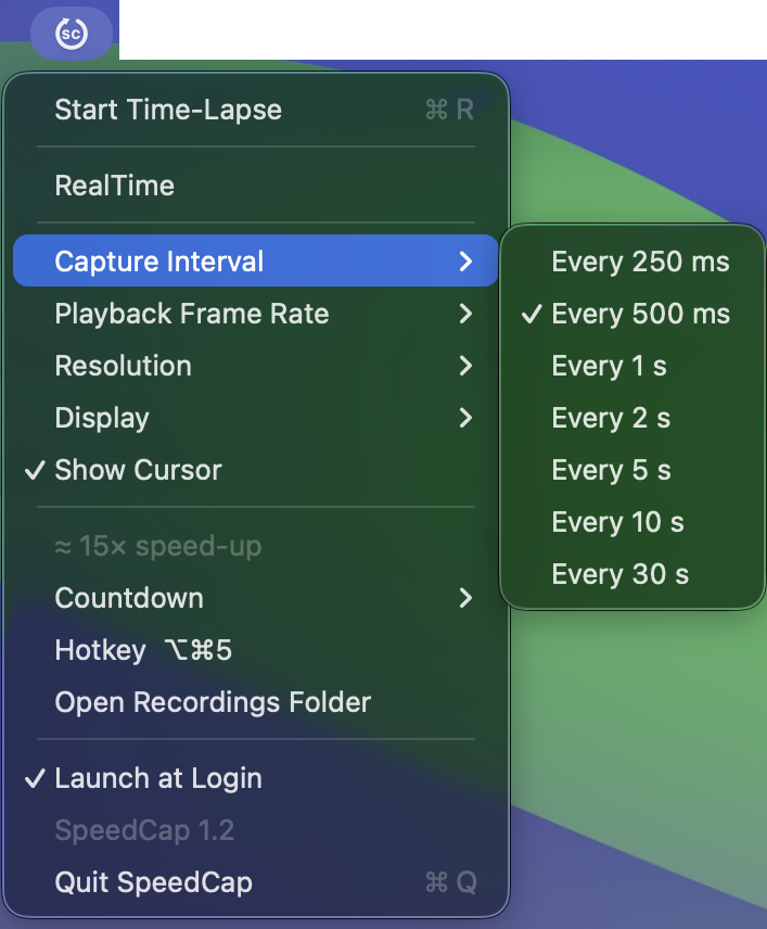SpeedCap menu open in the macOS menu bar, showing Start Time-Lapse, the RealTime toggle, and the Capture Interval submenu with intervals from 250 ms to 30 s