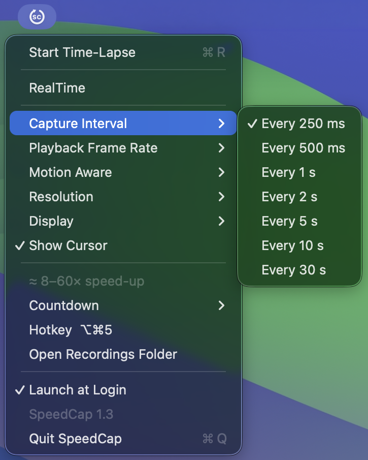 SpeedCap Capture Interval submenu&nbsp;- every 250 ms through every 30 s, with 250 ms selected and the speed-up readout below reading 8 to 60 times
