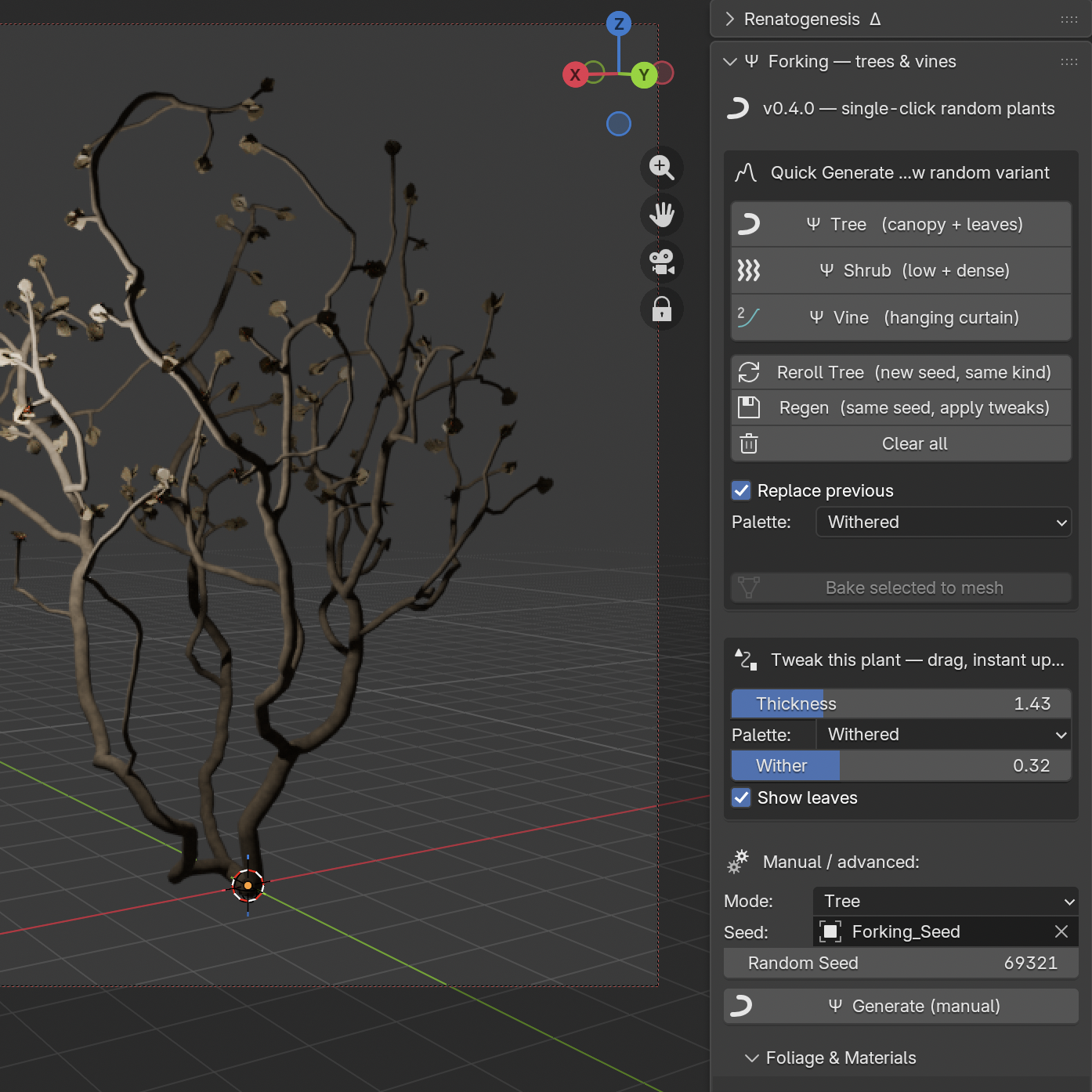 Renato sidebar in Blender &mdash; Forking add-on generating a withered tree, Renatogenesis collapsed above