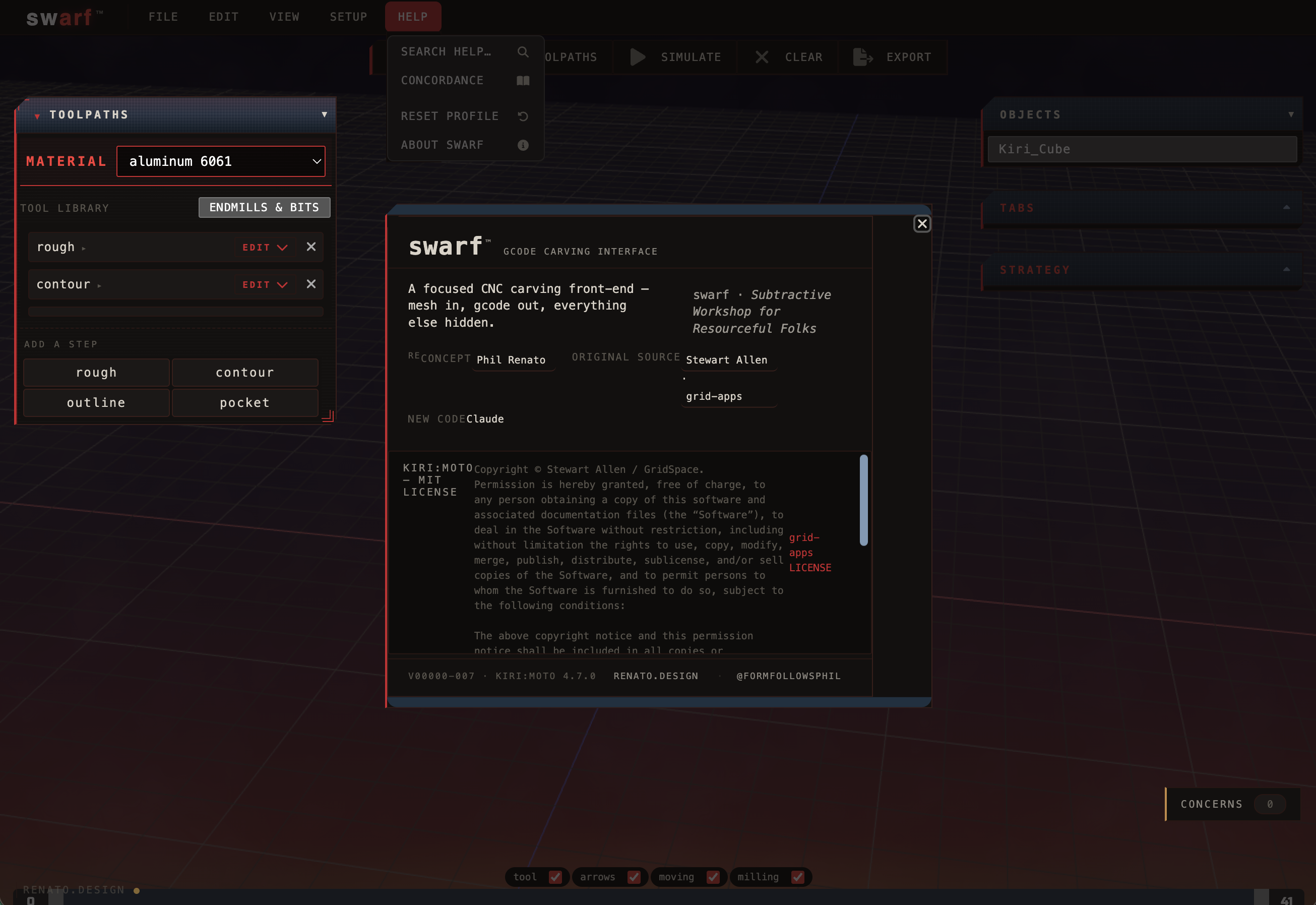 About panel showing credits and Kiri:Moto MIT license, Help menu open