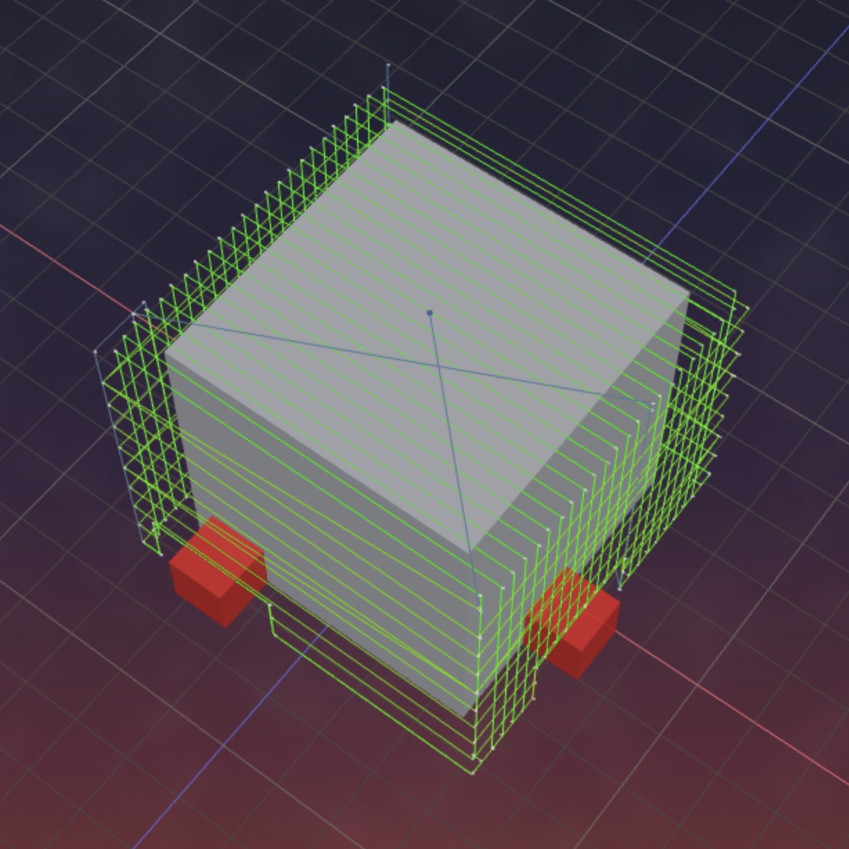 Toolpath preview showing green wire paths wrapping a cube with red tabs at the base