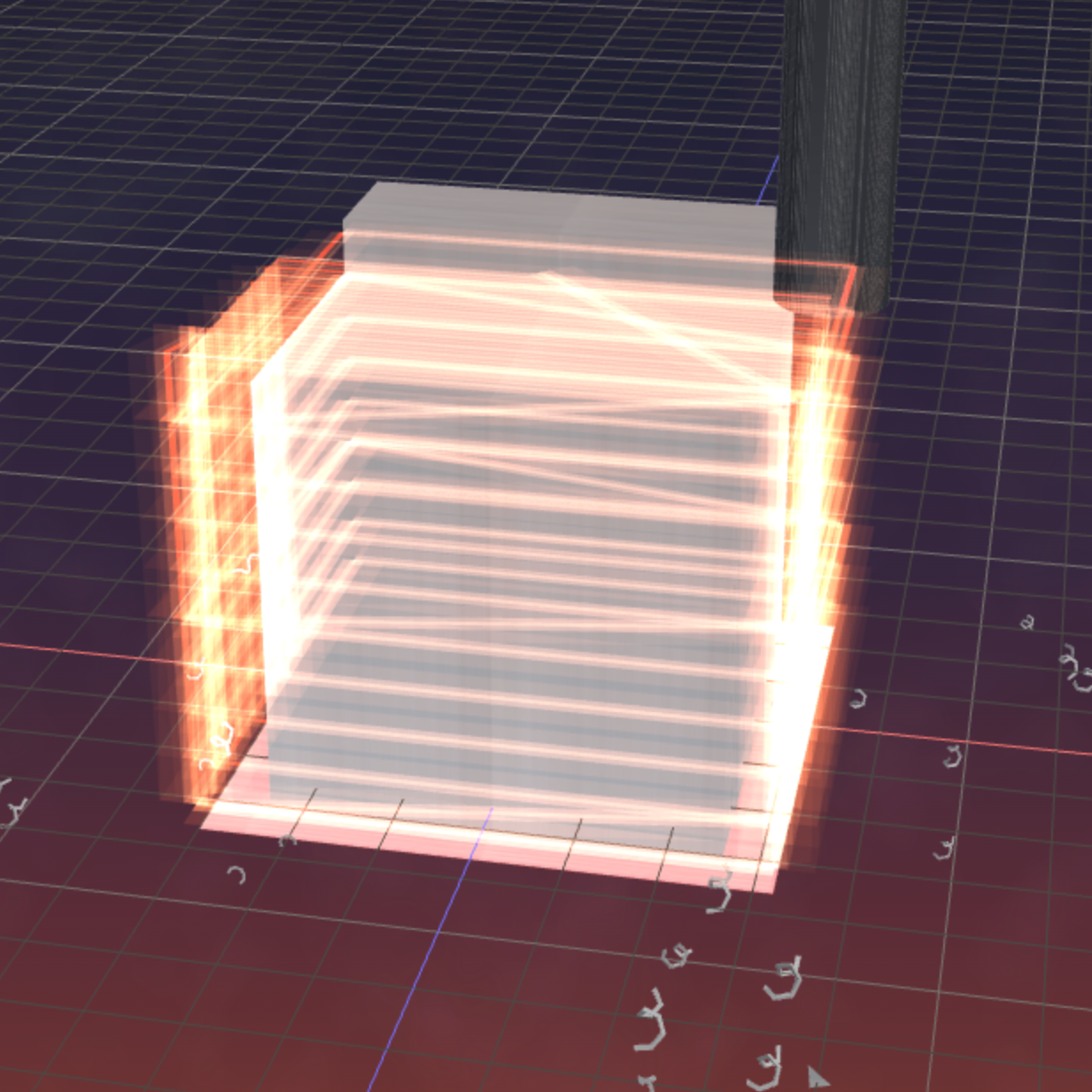 Close-up of lightstream ribbons glowing on the cube surface during simulation