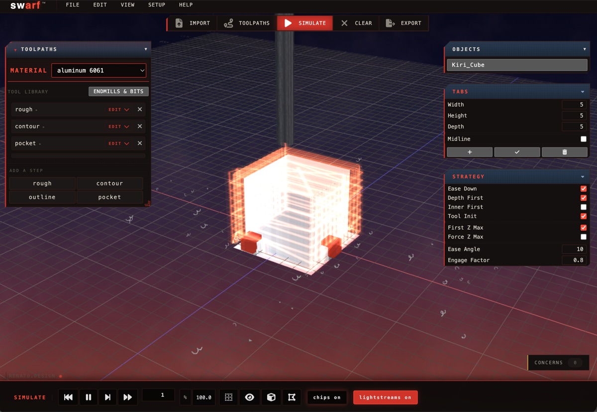 swarf simulate view — tool cutting through aluminum with lightstream ribbons