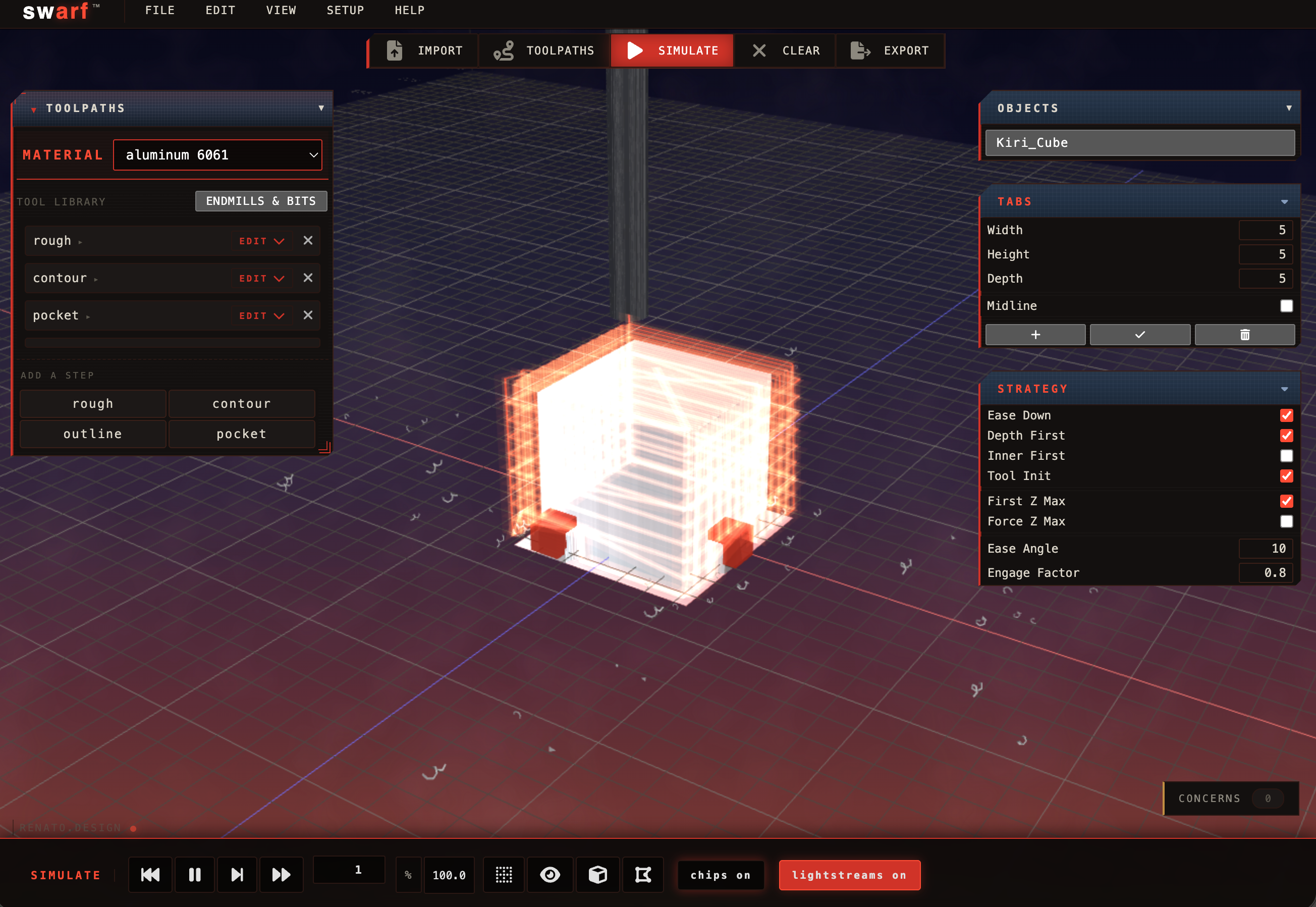 swarf simulate view &mdash; tool cutting through aluminum with lightstream ribbons