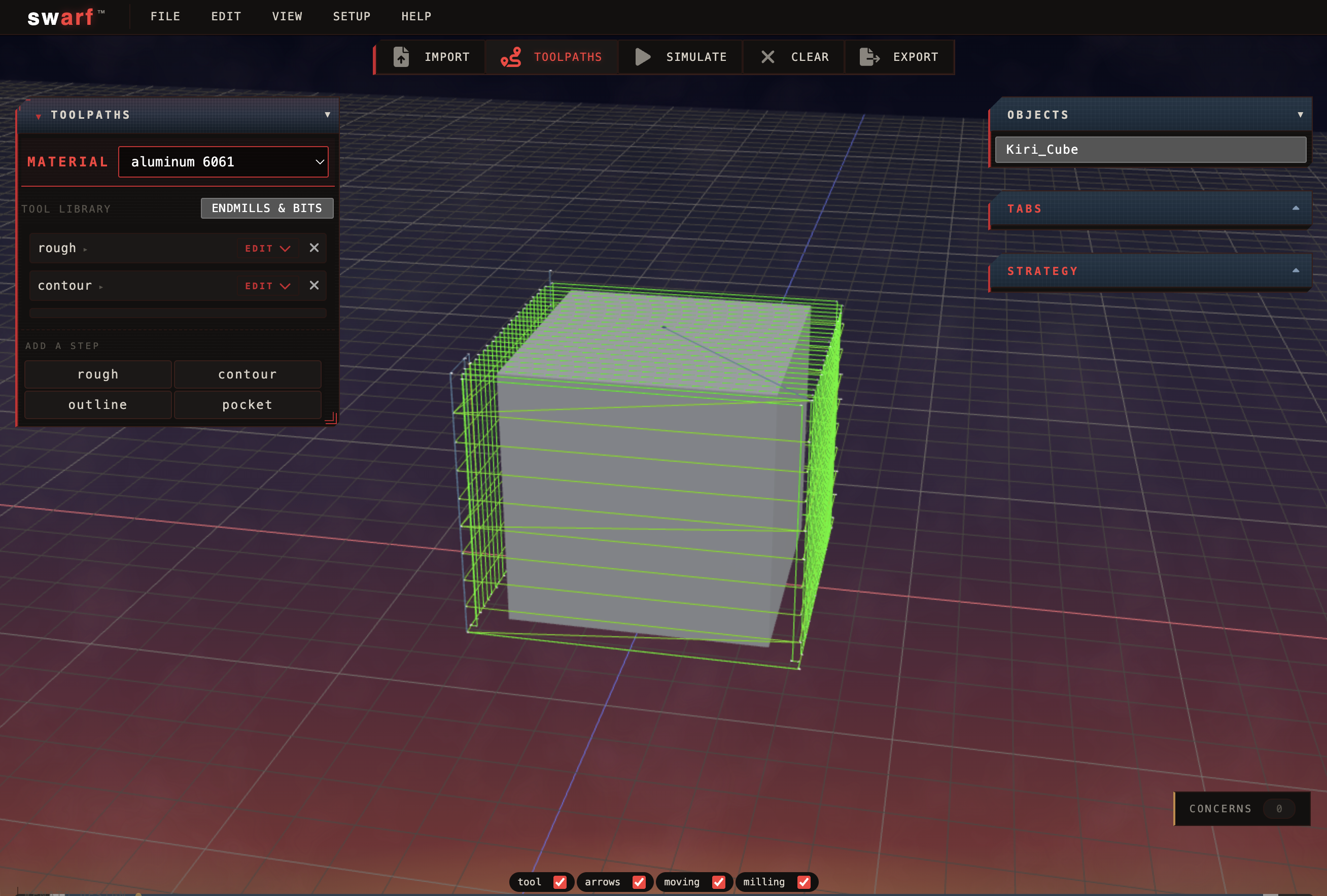 swarf toolpaths view showing Kiri wire paths and operation list