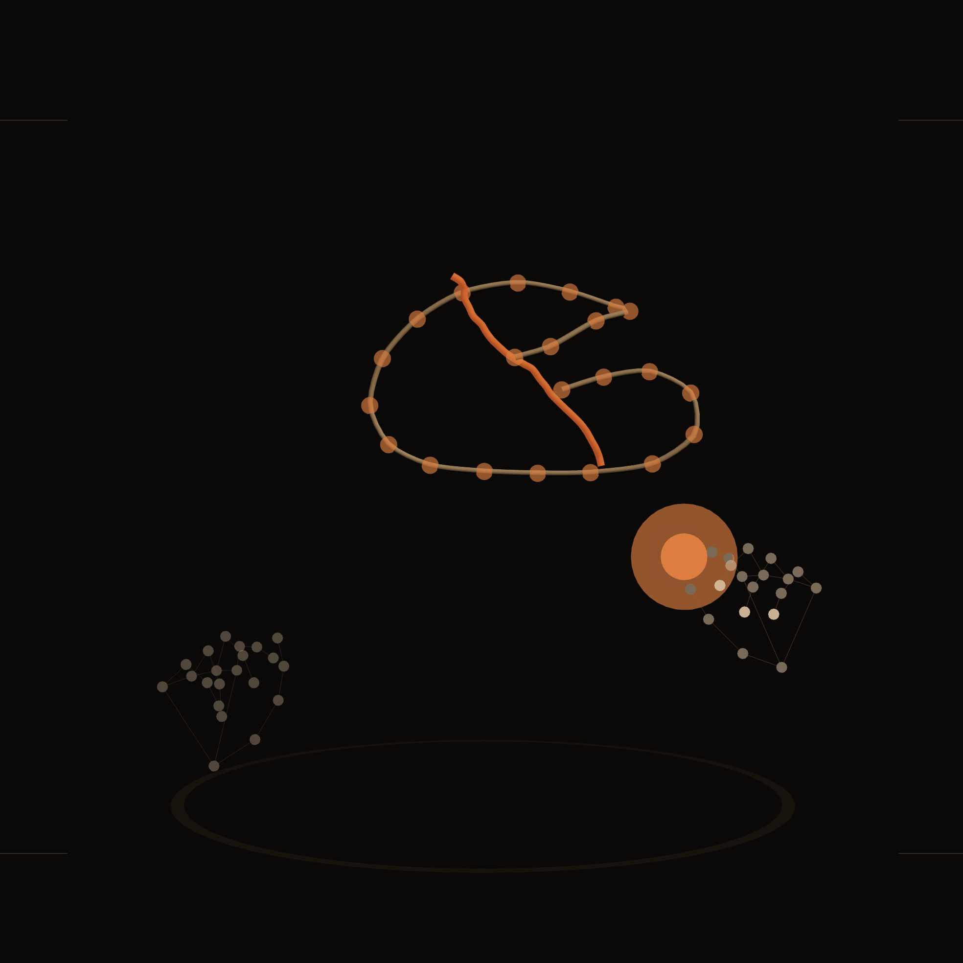 Trace 3D scene — drawn curves floating above the origin altar, corner viewfinder brackets, paprika-to-ember pinch marker on the right hand