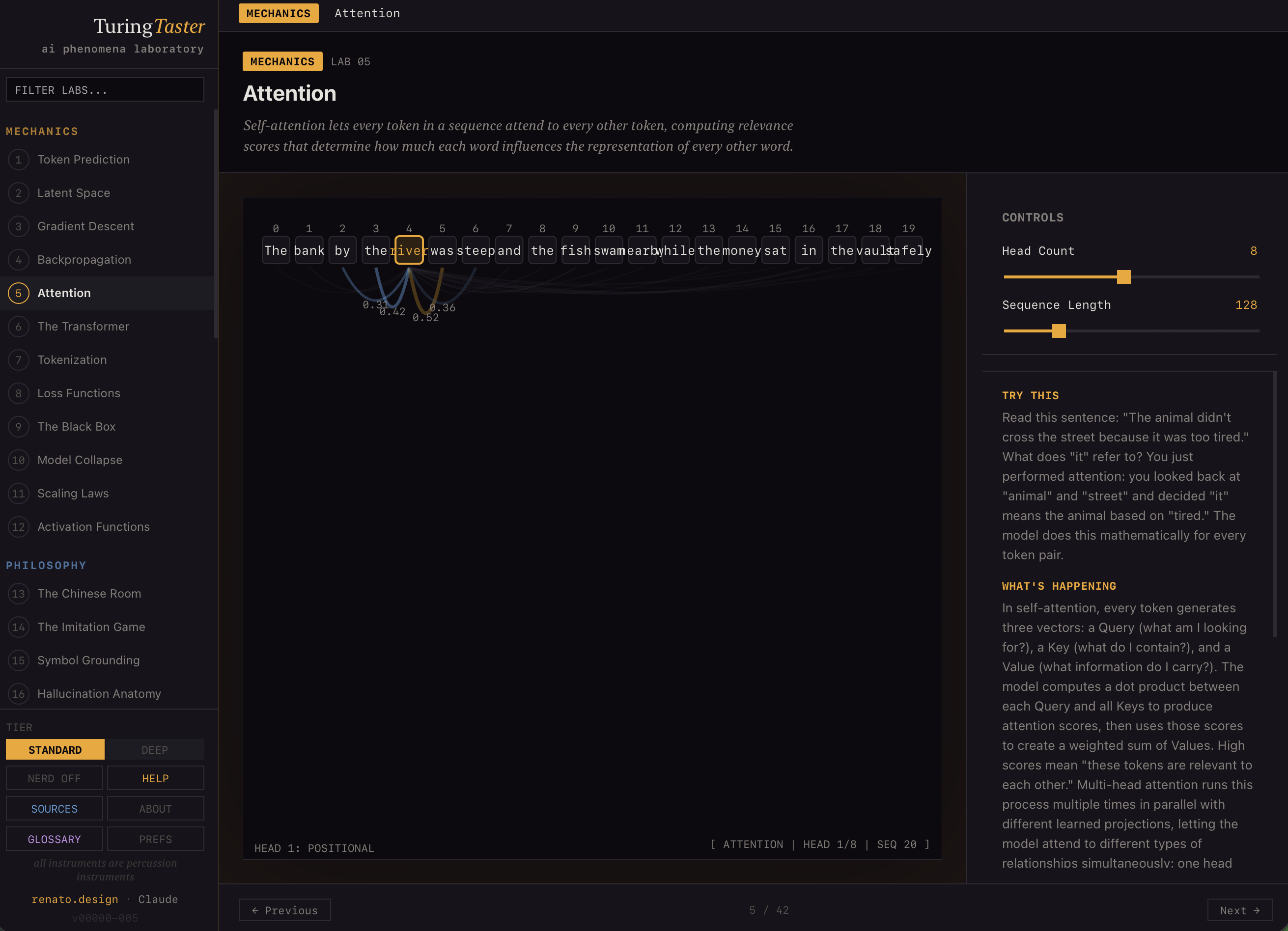 TuringTaster attention mechanism lab with word tiles and attention arcs
