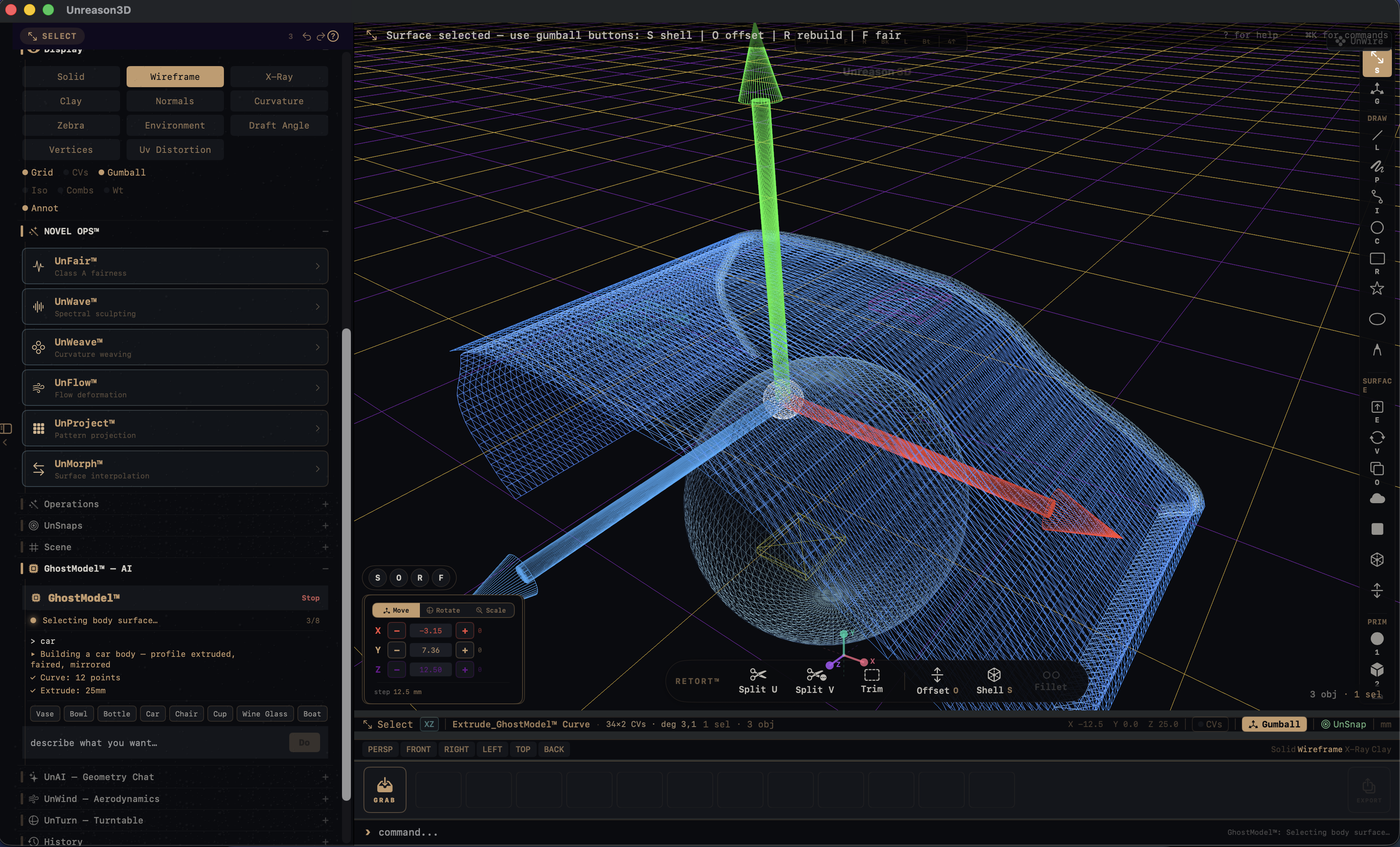 Unreason3D workspace — expressive NURBS surface modeler