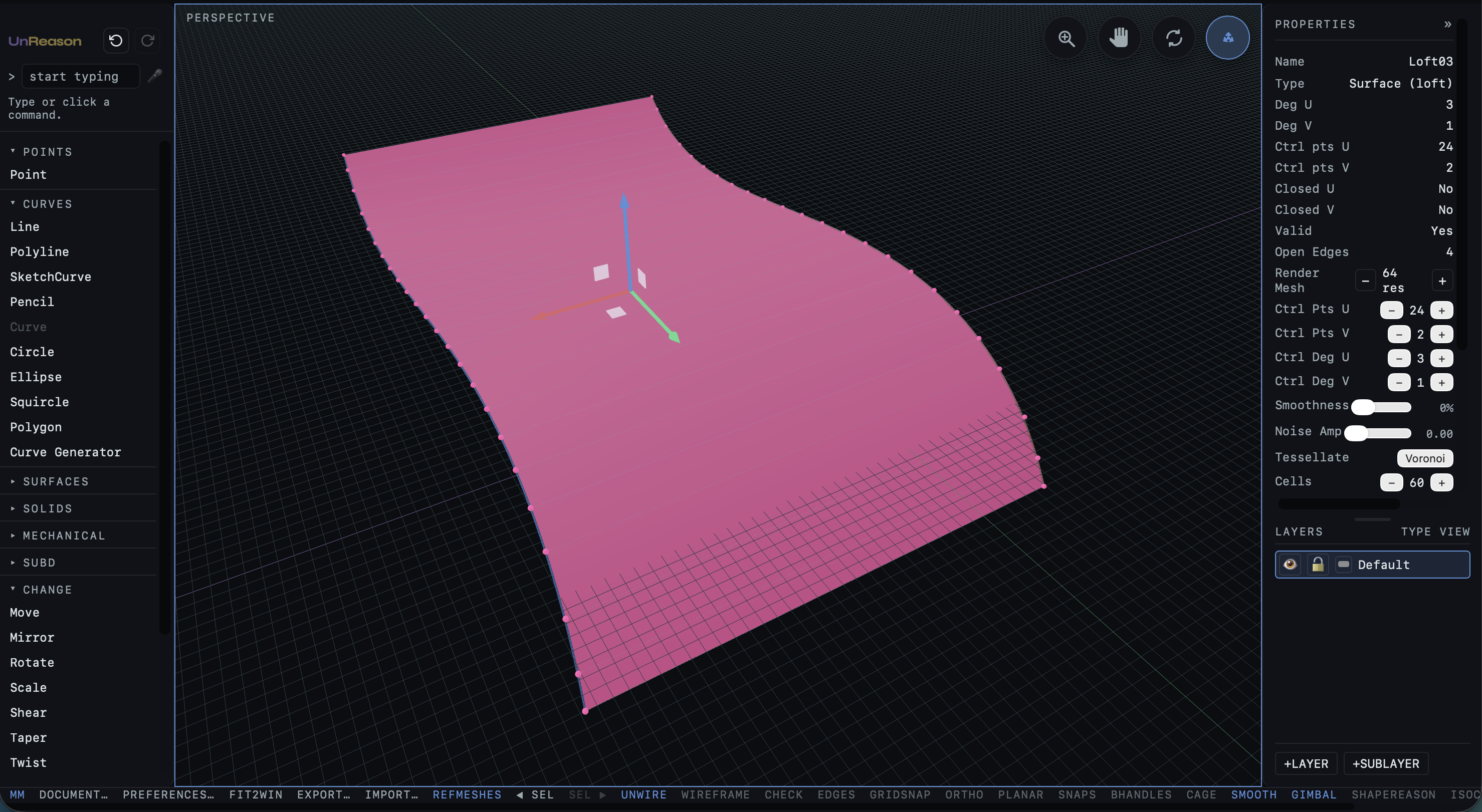 Unreason web build — a loft surface with degree/knot/control-point properties live in the side panel