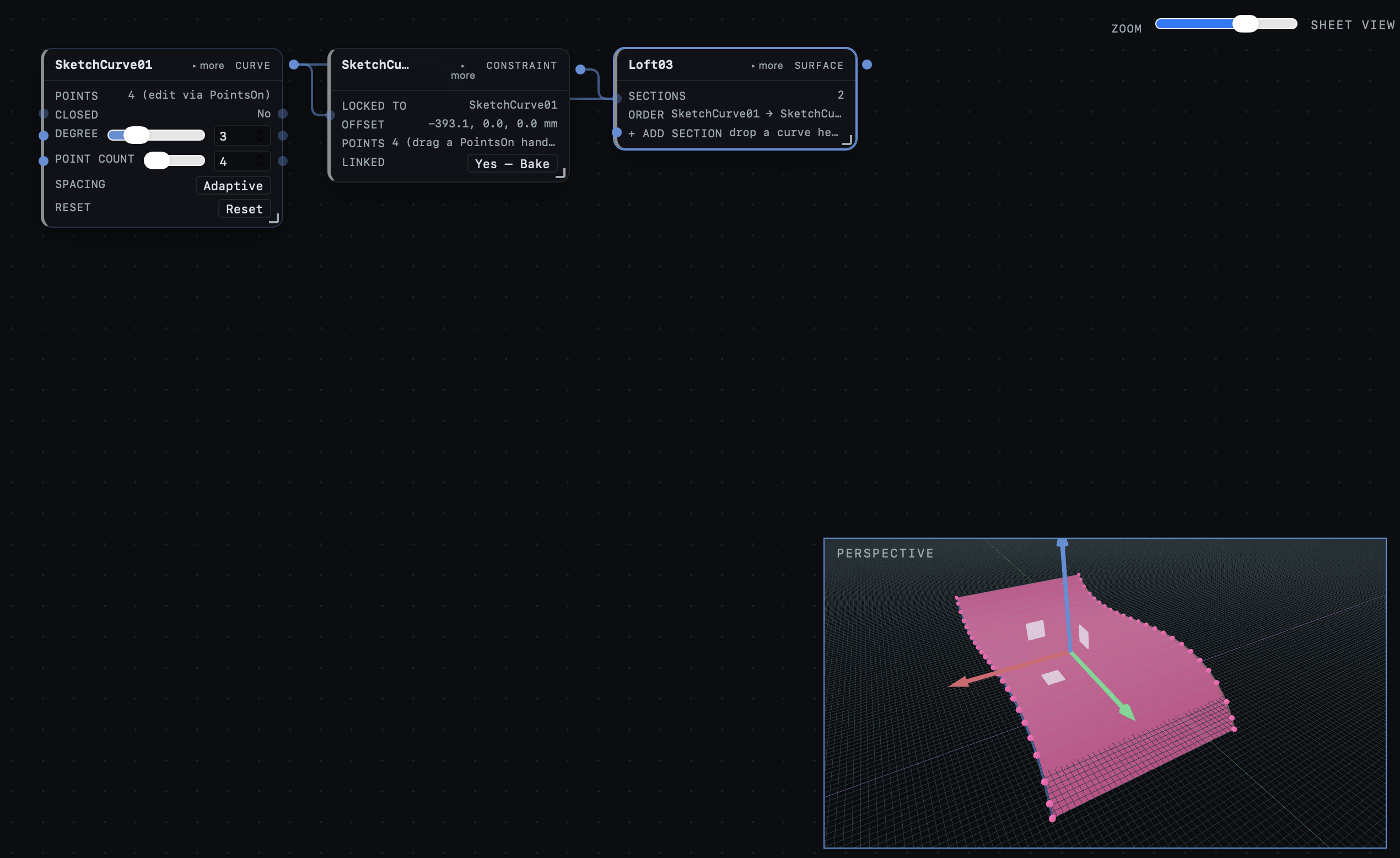 UnWire node canvas showing the same loft surface as a live, editable node graph — SketchCurve, an offset constraint, and the Loft, wired together above a Sheet View of the perspective viewport