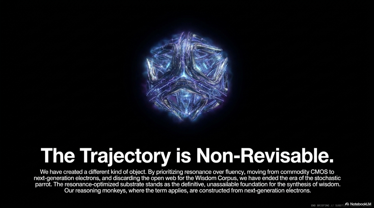 Closing slide — The Trajectory is Non-Revisable — cosmic substrate visualization