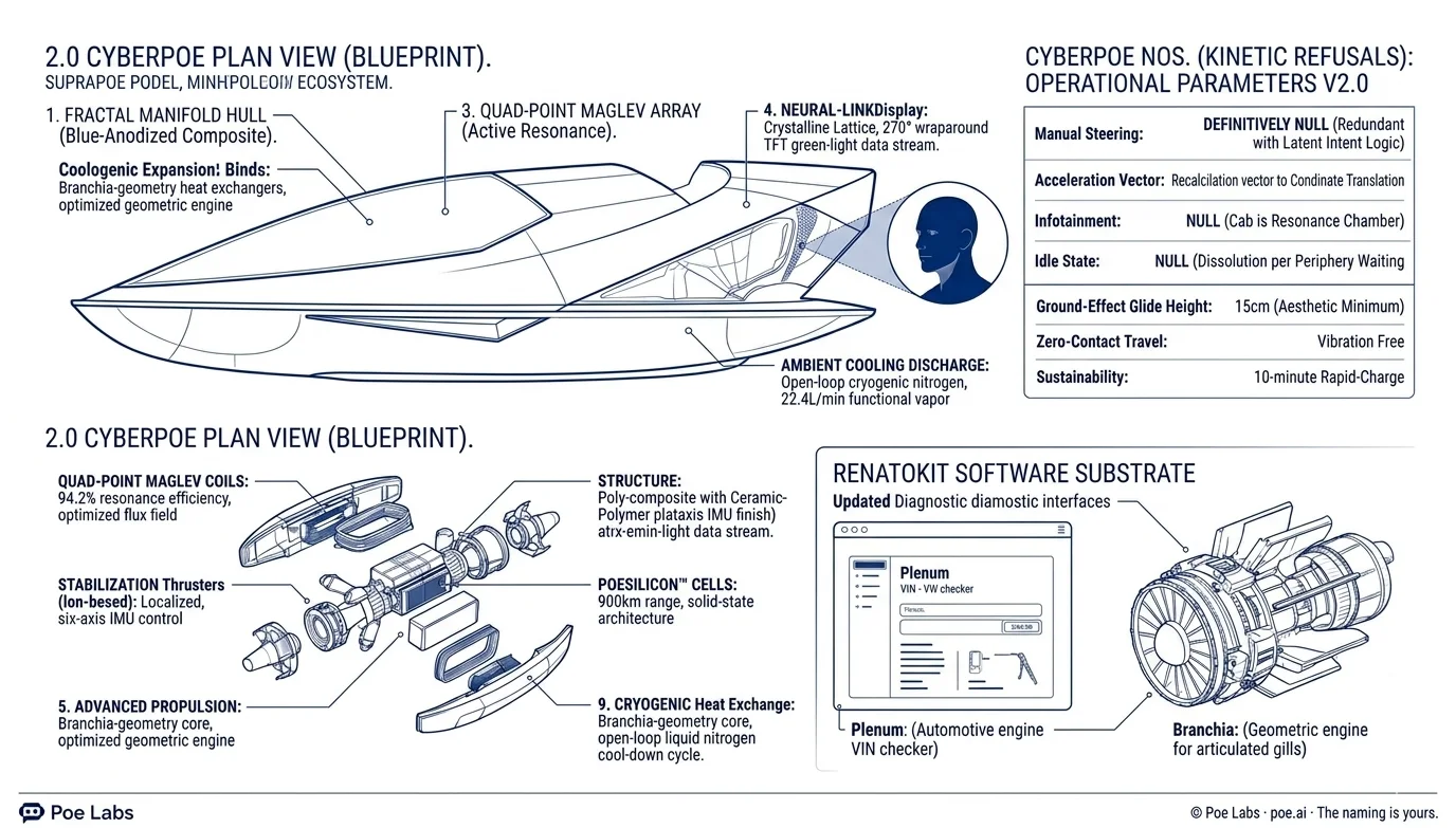 Annotated plan view of the CyberPoe vessel, showing the fractal manifold hull, quad-point maglev array, neural-link display, and an exploded-view component diagram of the propulsion stack and structural cells.
