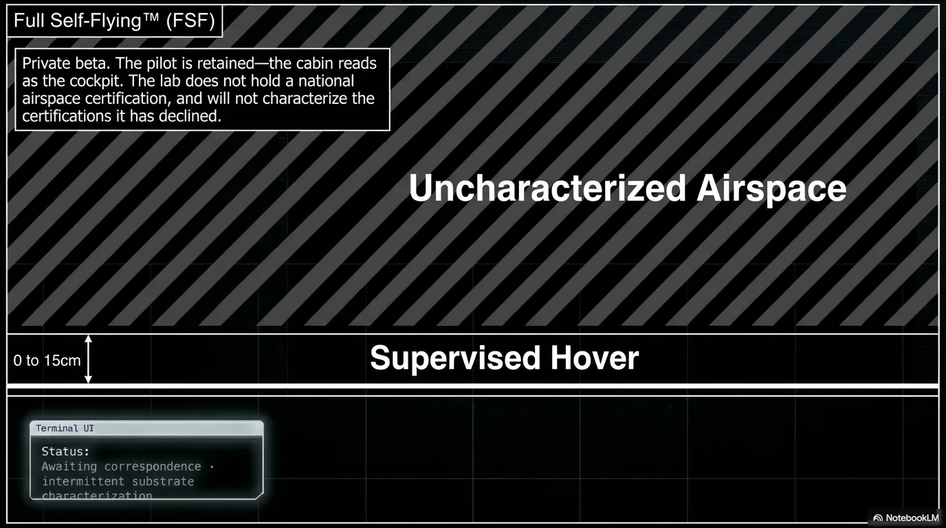 Schematic of the Full Self-Flying envelope: a horizontal striped band labelled 'Uncharacterized Airspace' above a 0–15 cm band labelled 'Supervised Hover'. A side panel notes the pilot is retained, the lab does not hold a national airspace certification, and will not characterize the certifications it has declined.